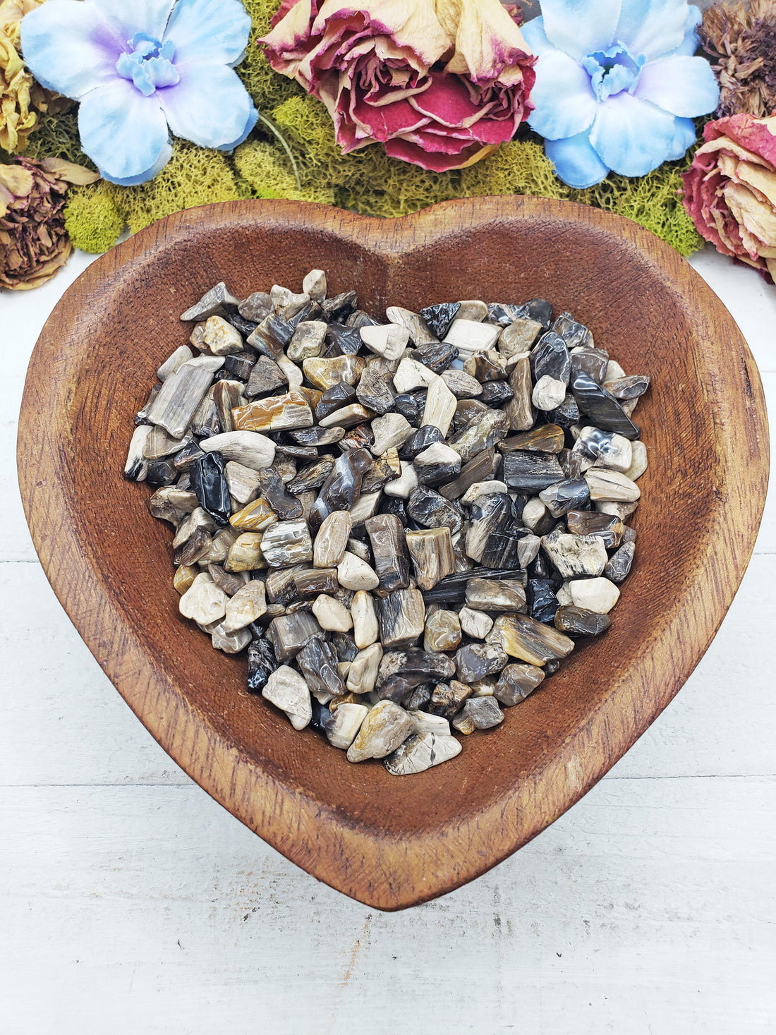 petrified wood chips in heart bowl