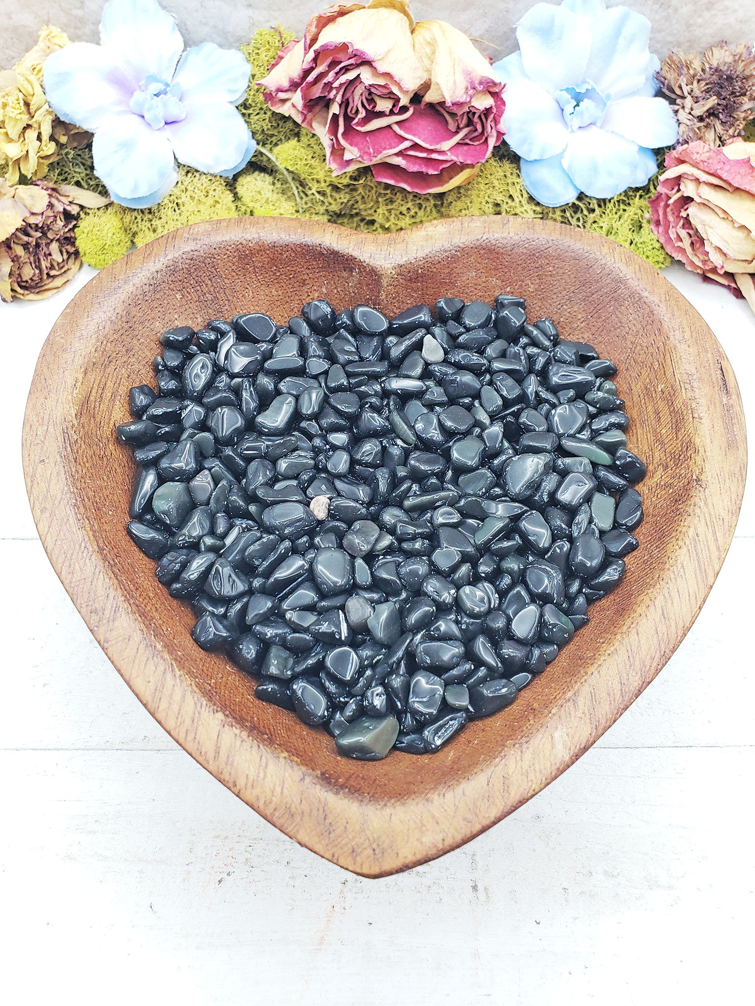 rainbow obsidian crystal chips in heart bowl