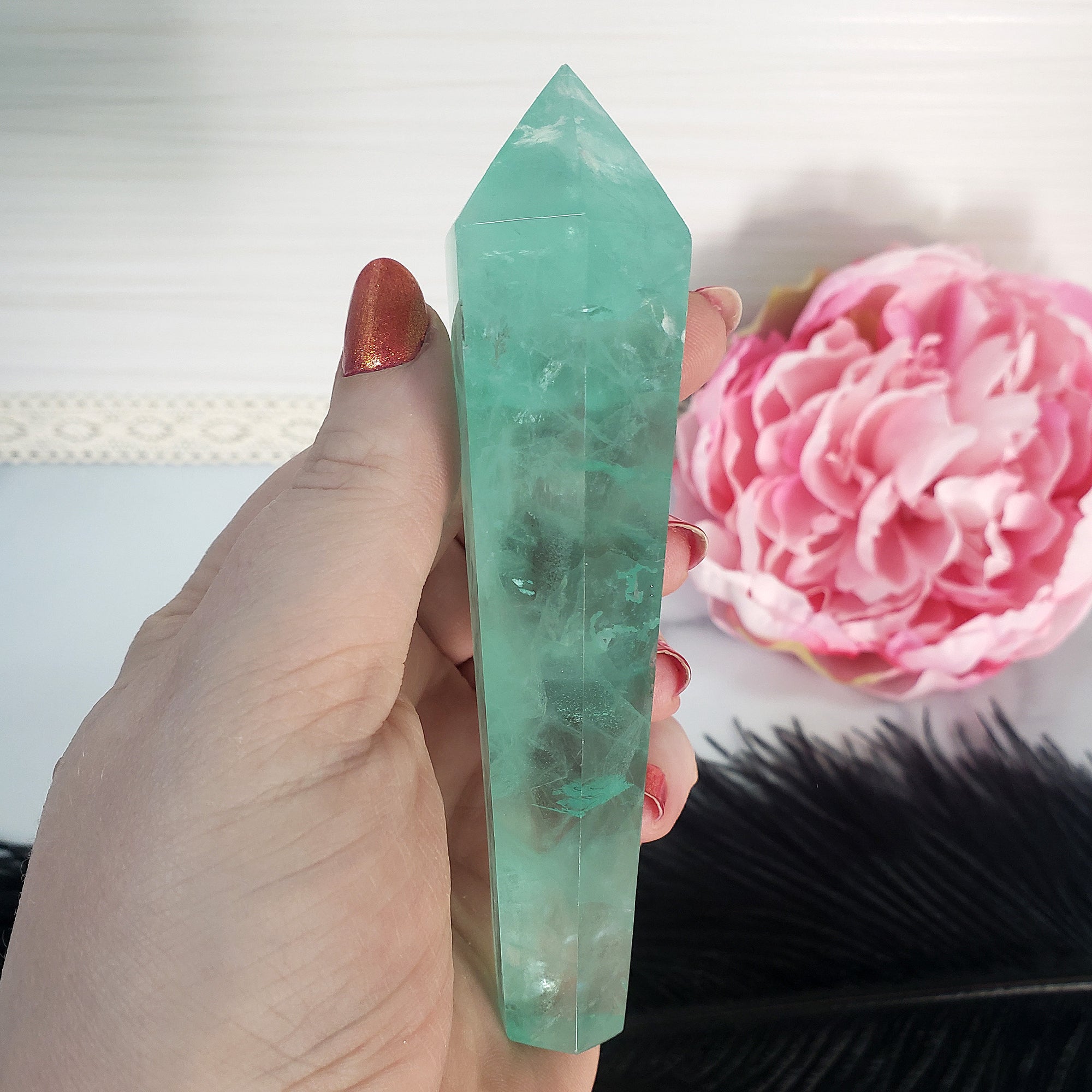 Unique Aqua Green Fluorite Crystal Wand Natural Gemstone Scepter | Akuro