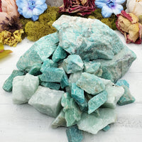 Large, small, and medium rough amazonite stones in pile