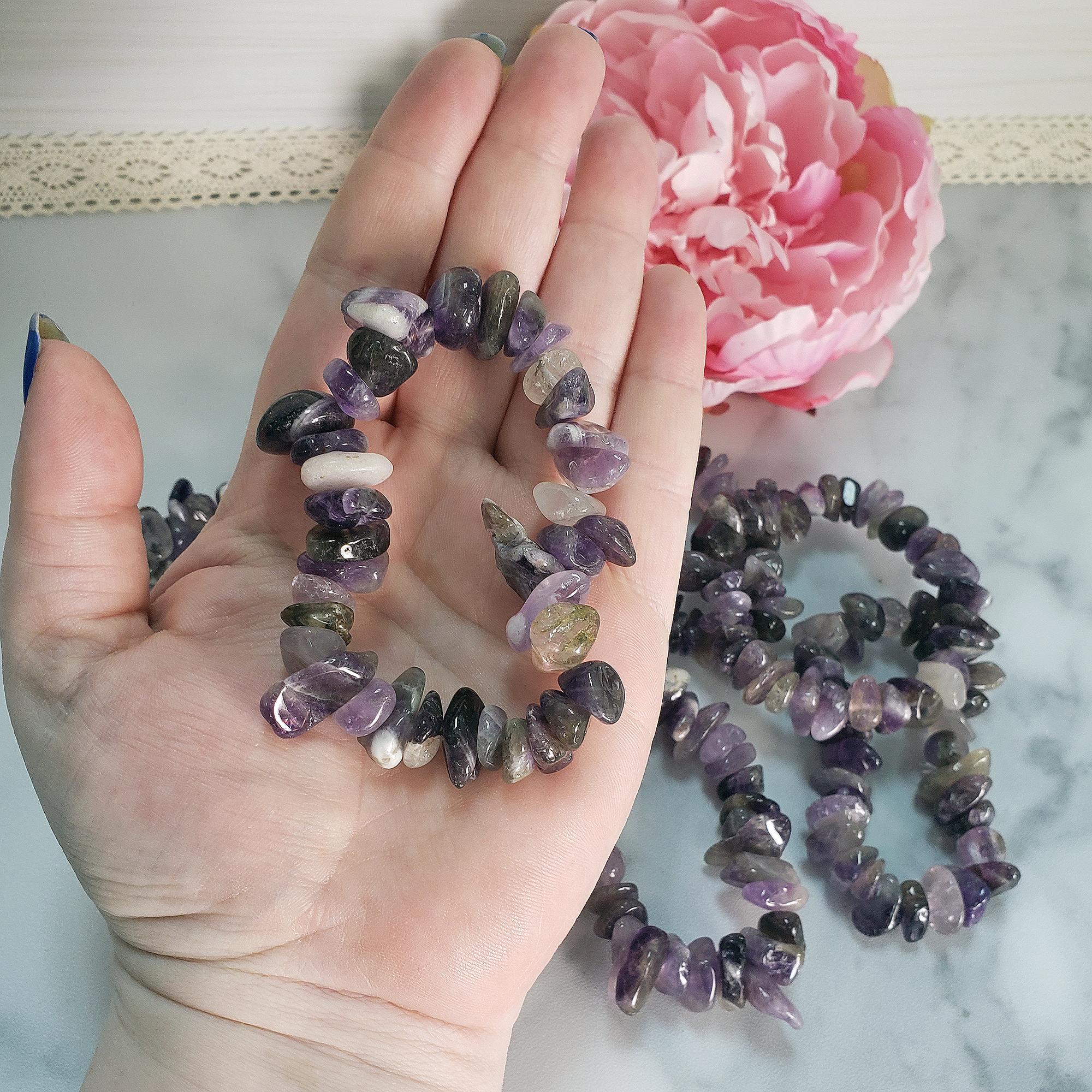 Amethyst Crystal Natural Gemstone Nugget Bead Bracelet - In Hand