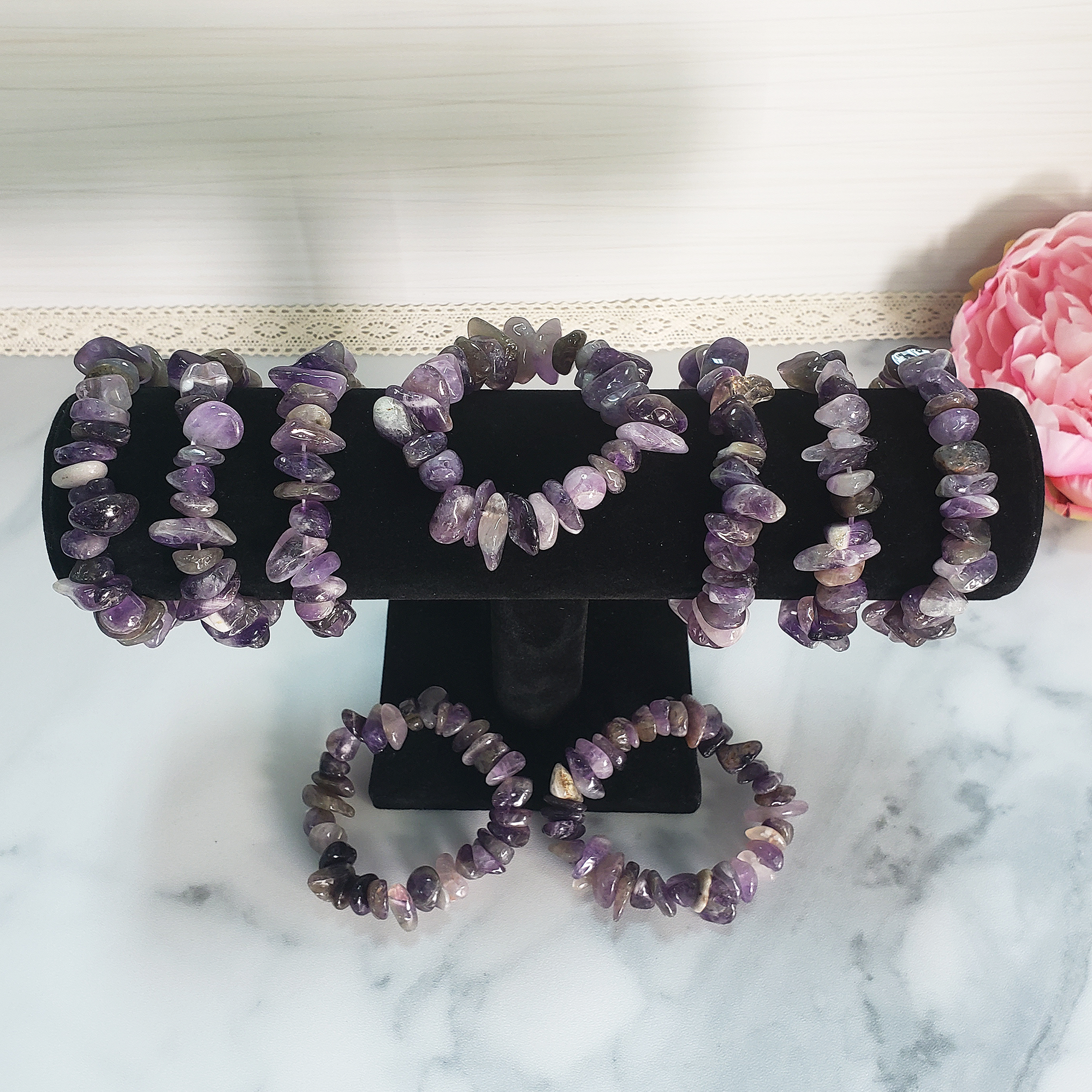 Amethyst Crystal Natural Gemstone Nugget Bead Bracelet - From Above