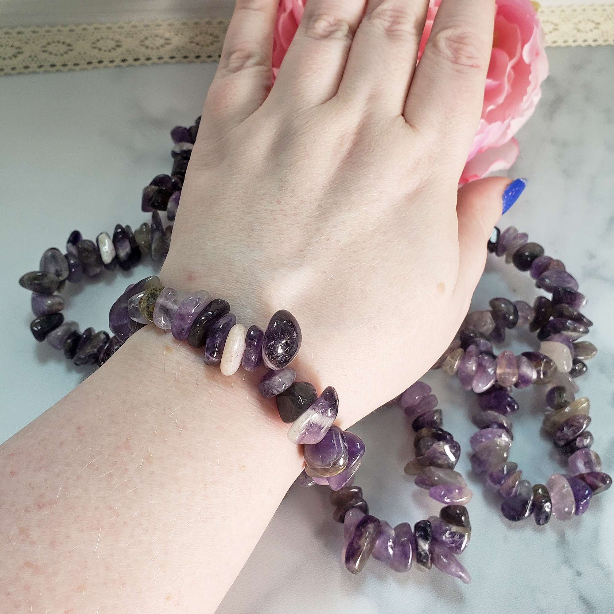 Amethyst Crystal Natural Gemstone Nugget Bead Bracelet - On Wrist