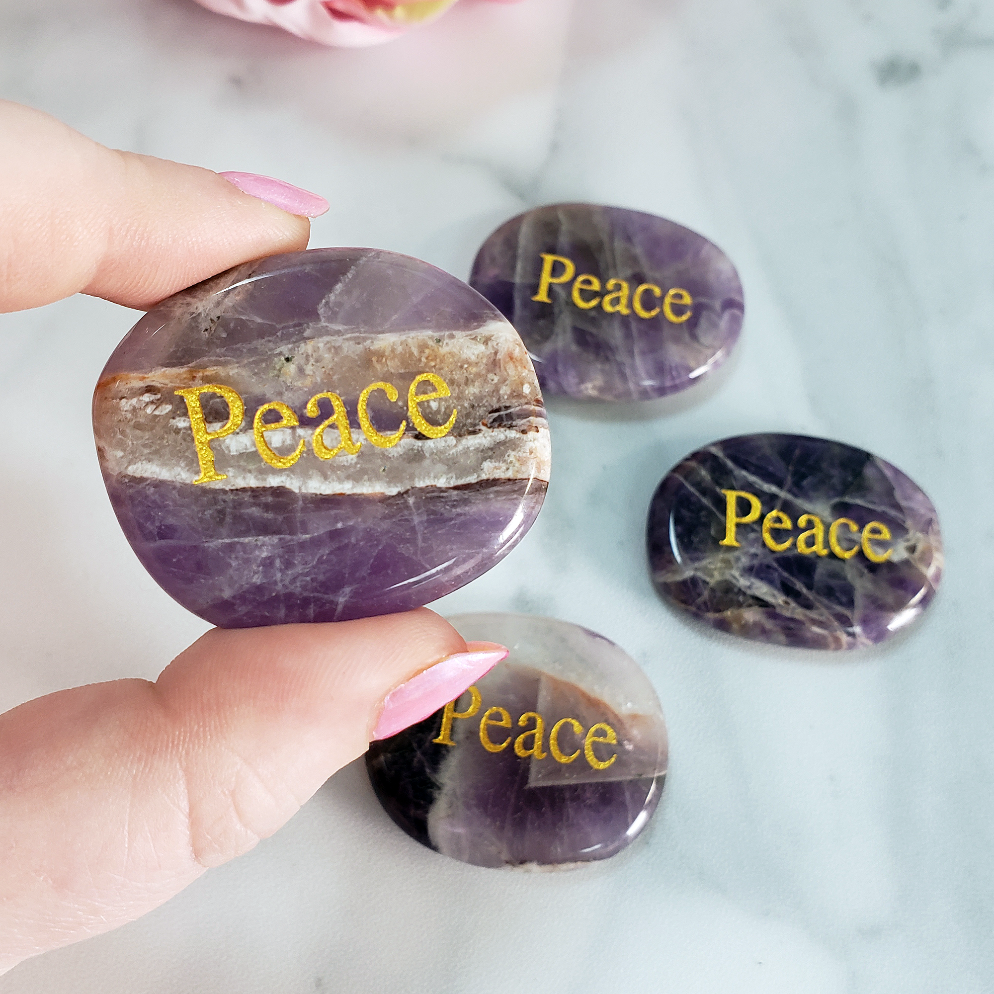 Amethyst Peace Affirmation Palm Stone | Natural Crystal Worry Stone with "Peace" Engraving - Close Up