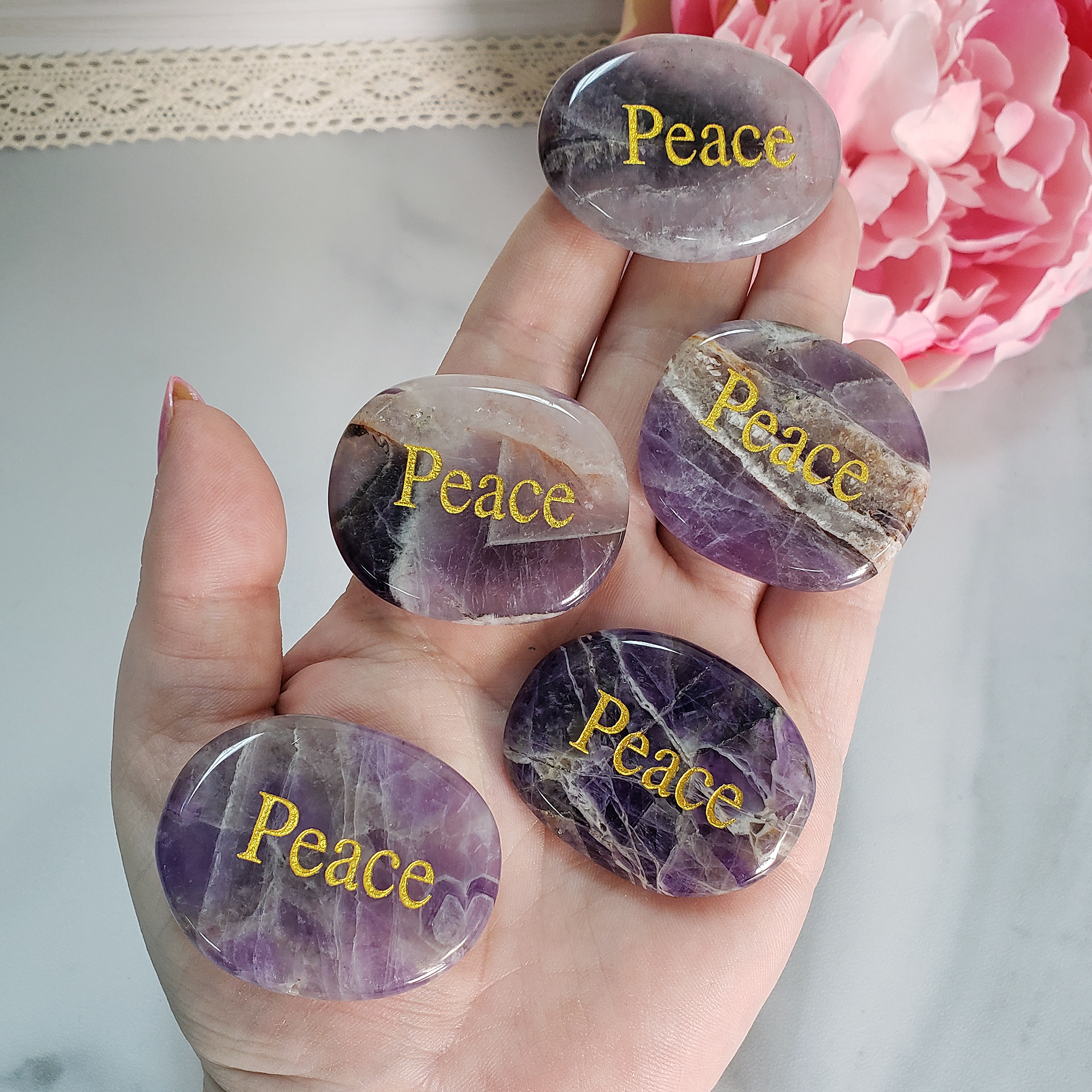 Amethyst Peace Affirmation Palm Stone | Natural Crystal Worry Stone with "Peace" Engraving - Amethyst crystal palm stones
