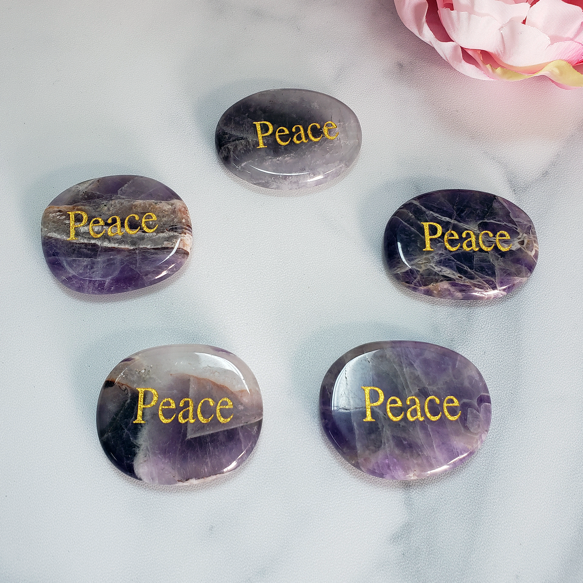 Amethyst Peace Affirmation Palm Stone | Natural Crystal Worry Stone with "Peace" Engraving