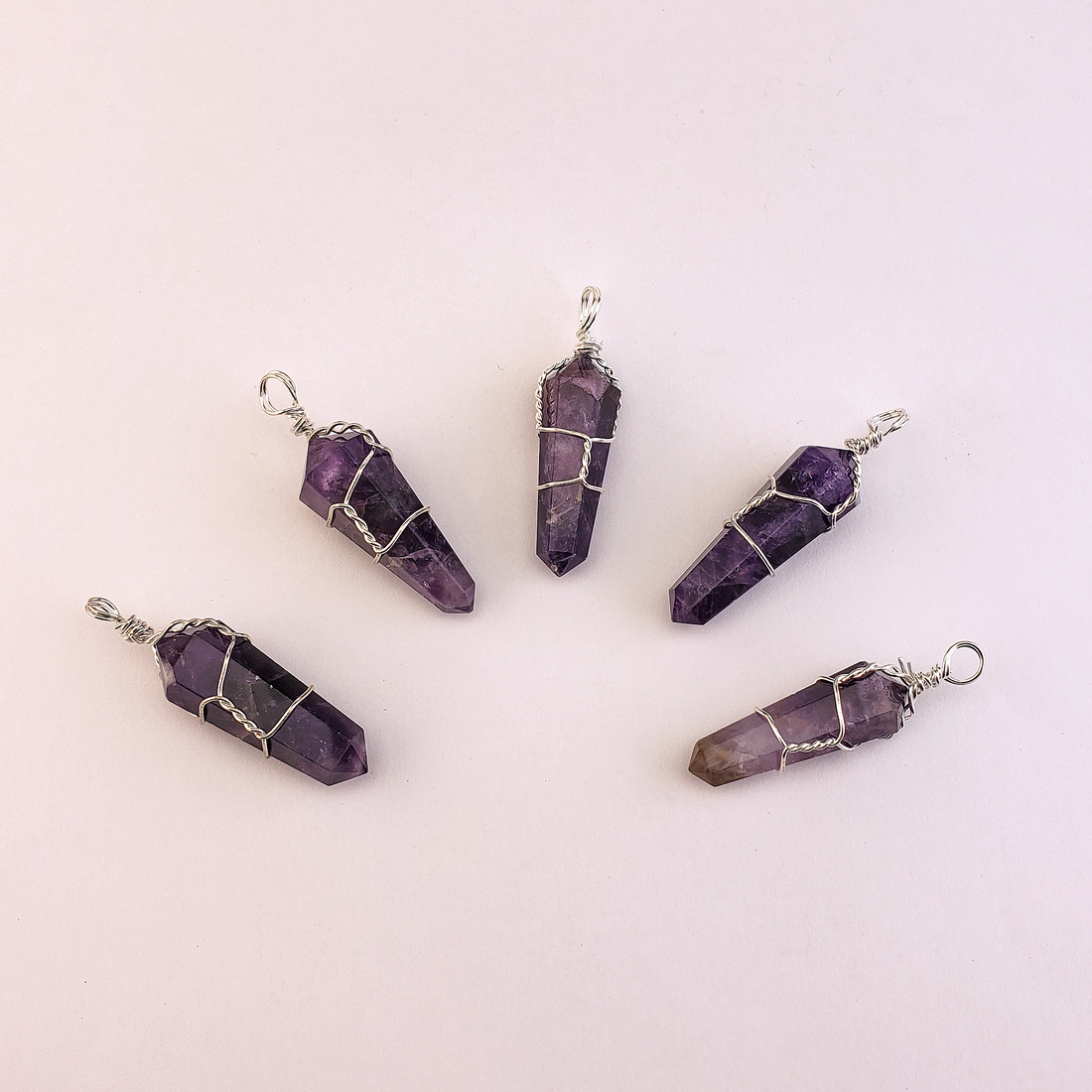 Amethyst Crystal Point Wire Wrapped Jewelry Gemstone Pendant - White Background