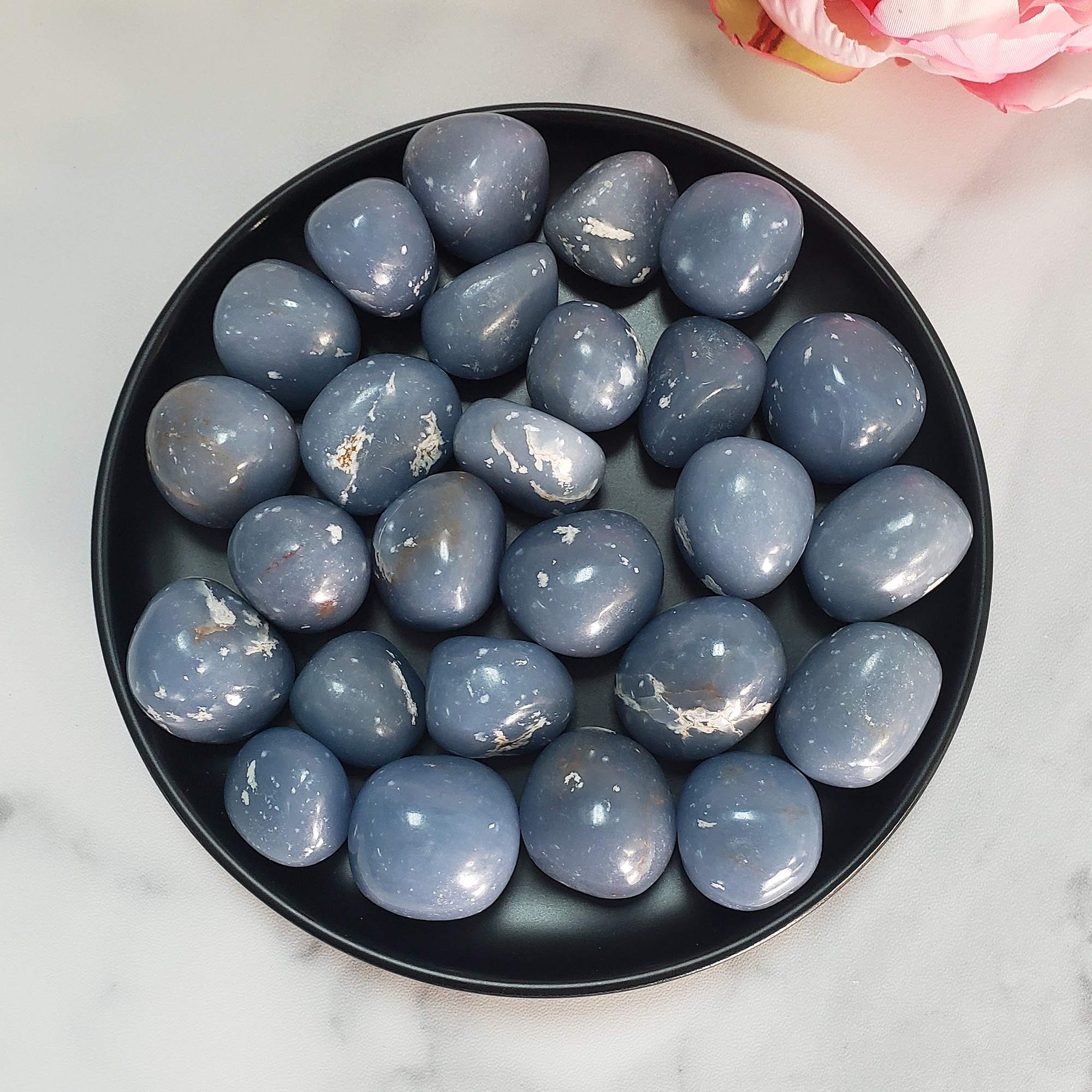 Anhydrite Angelite Crystal Natural Gemstone Tumbled Stone - in Black Ceramic Dish