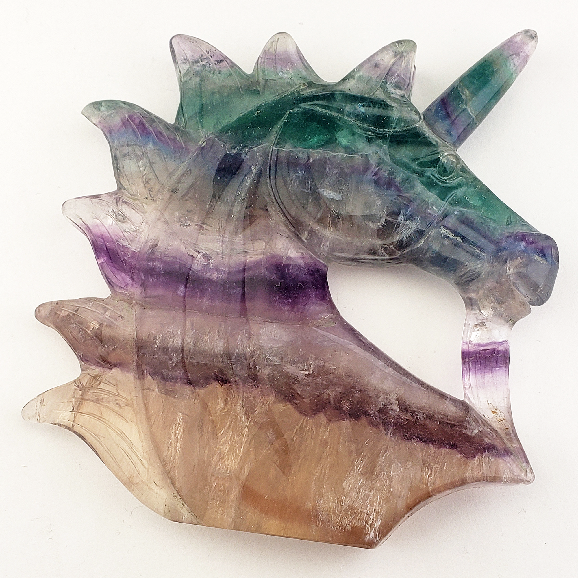 Unique Rainbow Fluorite Crystal Natural Gemstone Unicorn Carving - Argo - White Background