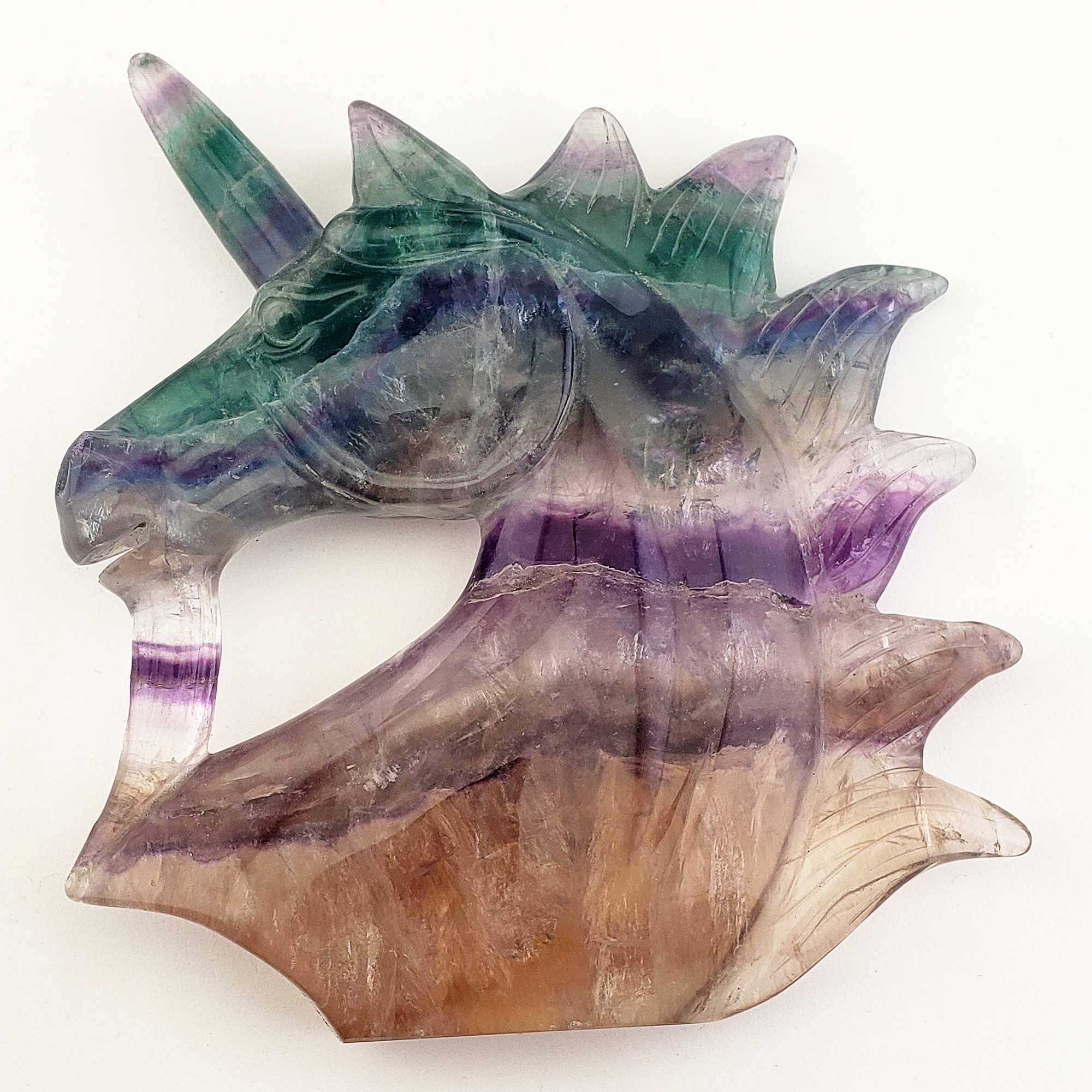 Unique Rainbow Fluorite Crystal Natural Gemstone Unicorn Carving - Argo - White Background 2