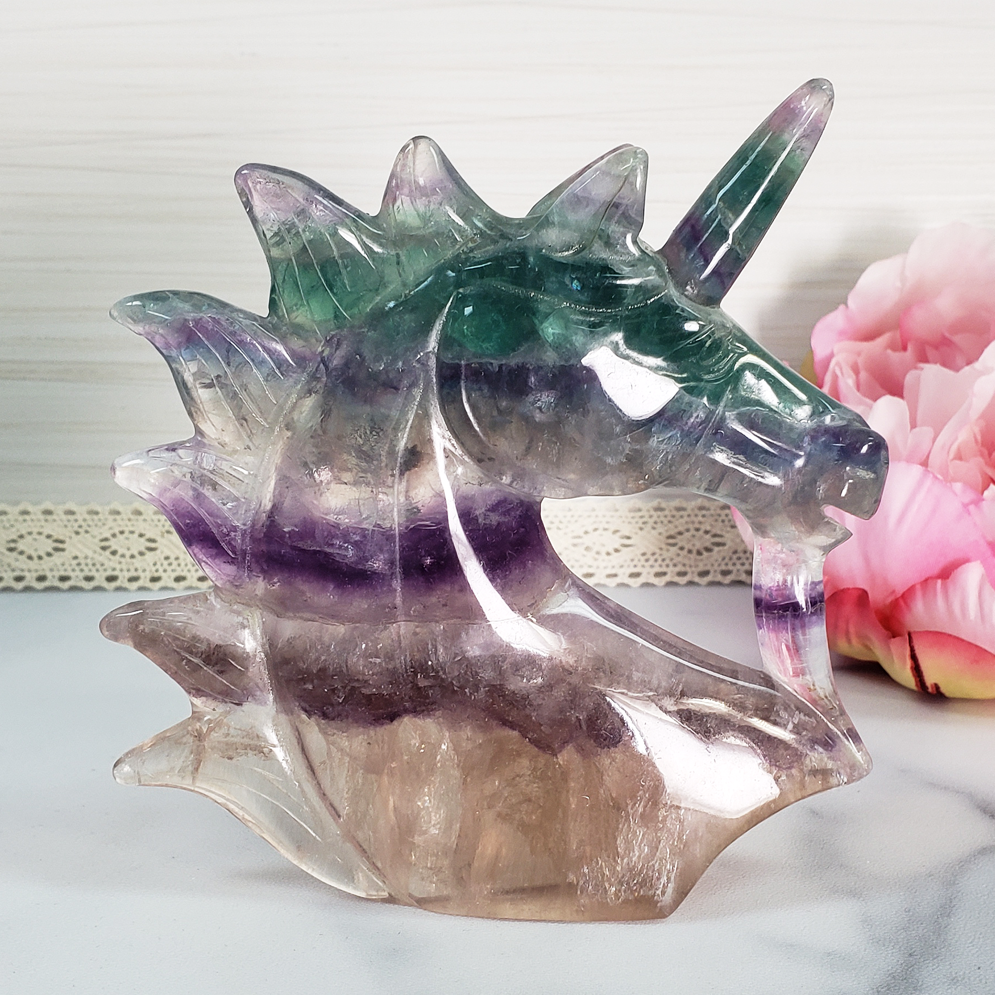 Unique Rainbow Fluorite Crystal Natural Gemstone Unicorn Carving - Argo - Bright Light