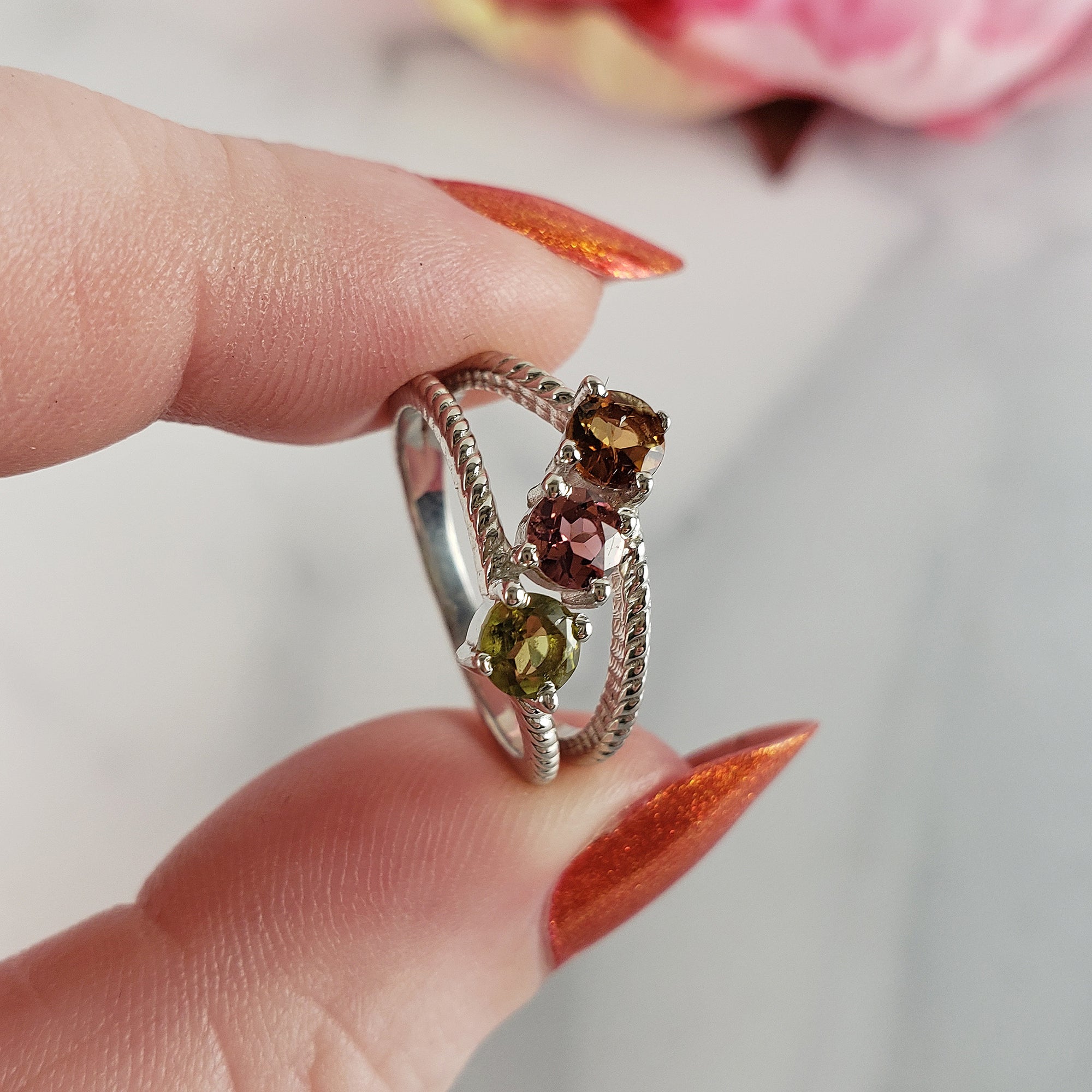 Green Tourmaline, Pink Tourmaline, &amp; Orange-Yellow Tourmaline Crystal Natural Gemstone 925 Sterling Silver Ring | Size 5.5 - C