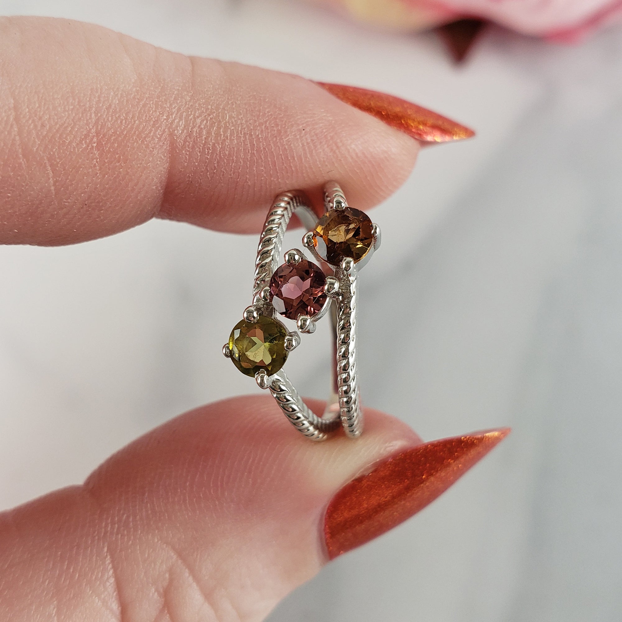 Green Tourmaline, Pink Tourmaline, &amp; Orange-Yellow Tourmaline Crystal Natural Gemstone 925 Sterling Silver Ring | Size 5.5  - E