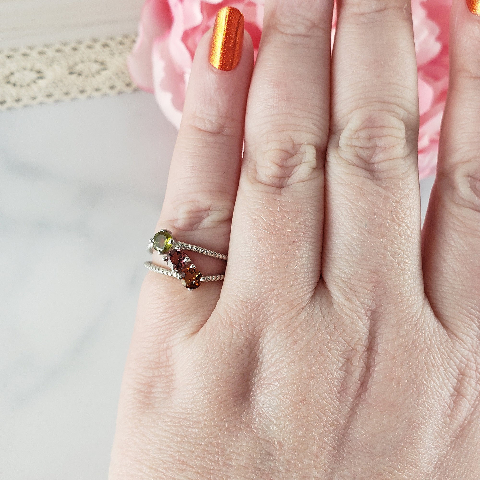 Green Tourmaline, Pink Tourmaline, & Orange-Yellow Tourmaline Crystal Natural Gemstone 925 Sterling Silver Ring | Size 5.5 - B