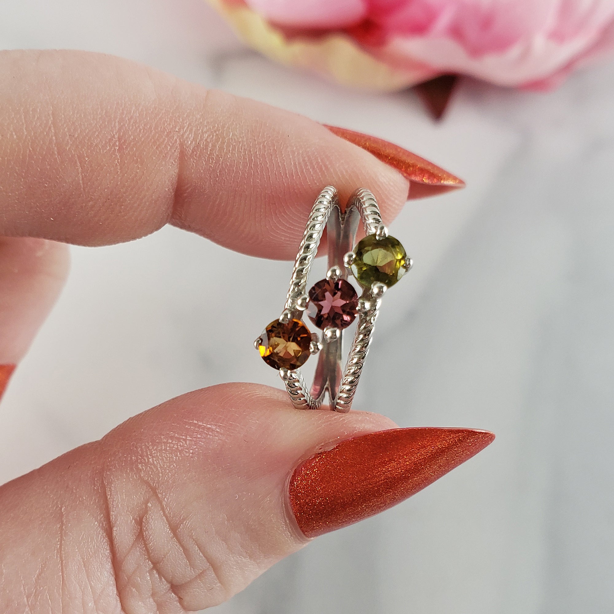 Green Tourmaline, Pink Tourmaline, & Orange-Yellow Tourmaline Crystal Natural Gemstone 925 Sterling Silver Ring | Size 5.5 - A