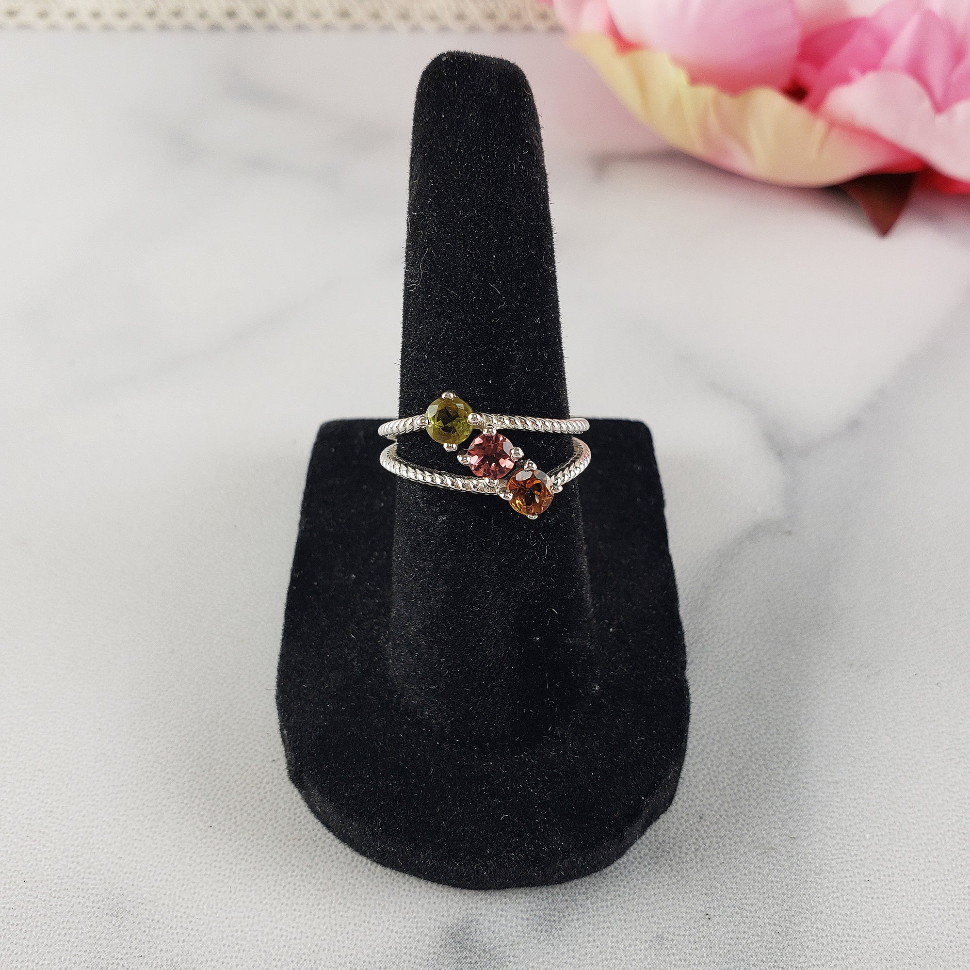 Green Tourmaline, Pink Tourmaline, & Orange-Yellow Tourmaline Crystal Natural Gemstone 925 Sterling Silver Ring | Size 5.5
