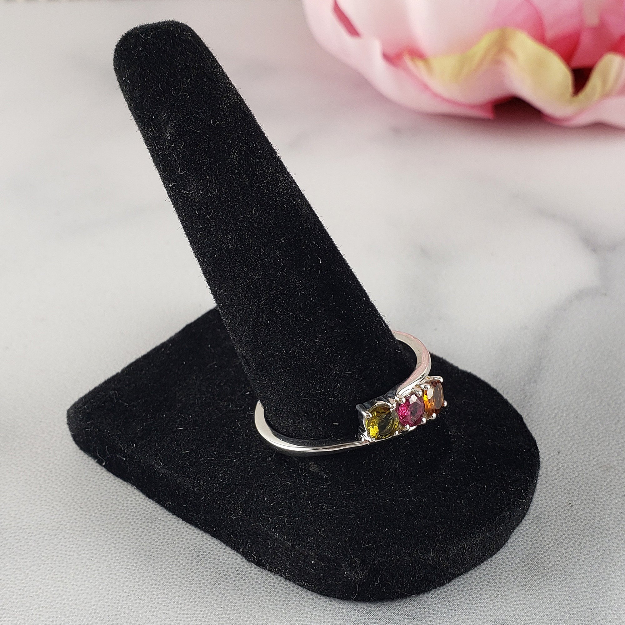 Green Tourmaline, Pink Tourmaline, & Orange-Yellow Tourmaline Crystal Natural Gemstone 925 Sterling Silver Ring | Size 10 - 2