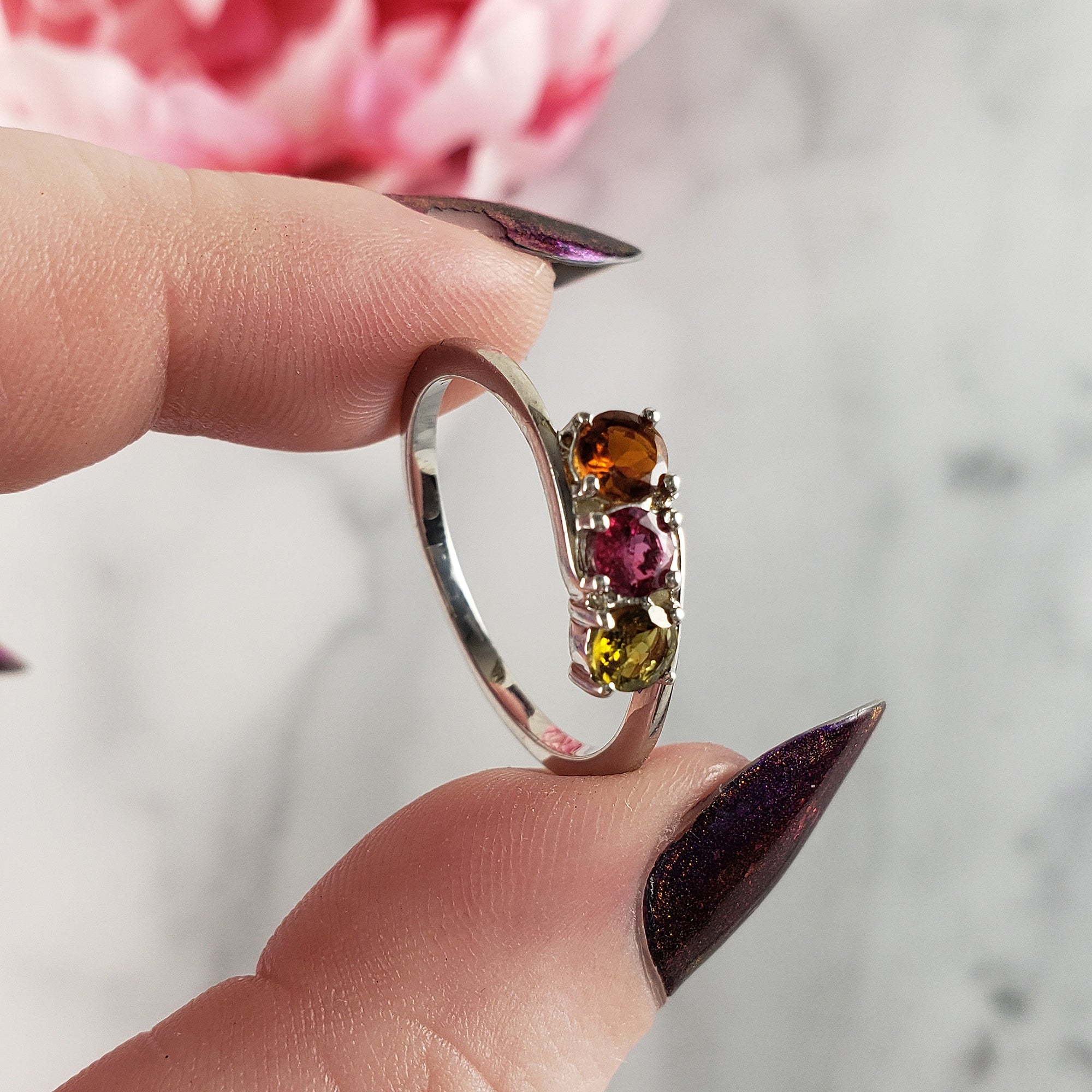 Green Tourmaline, Pink Tourmaline, &amp; Orange-Yellow Tourmaline Crystal Natural Gemstone 925 Sterling Silver Ring | Size 10 - 3