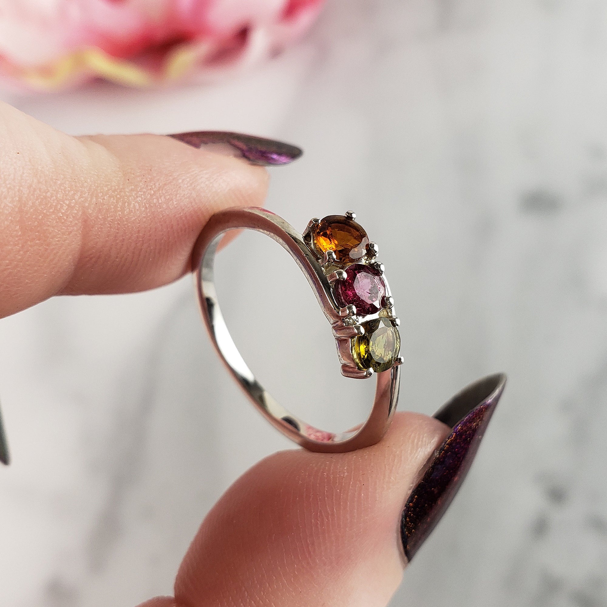 Green Tourmaline, Pink Tourmaline, &amp; Orange-Yellow Tourmaline Crystal Natural Gemstone 925 Sterling Silver Ring | Size 10 - 5