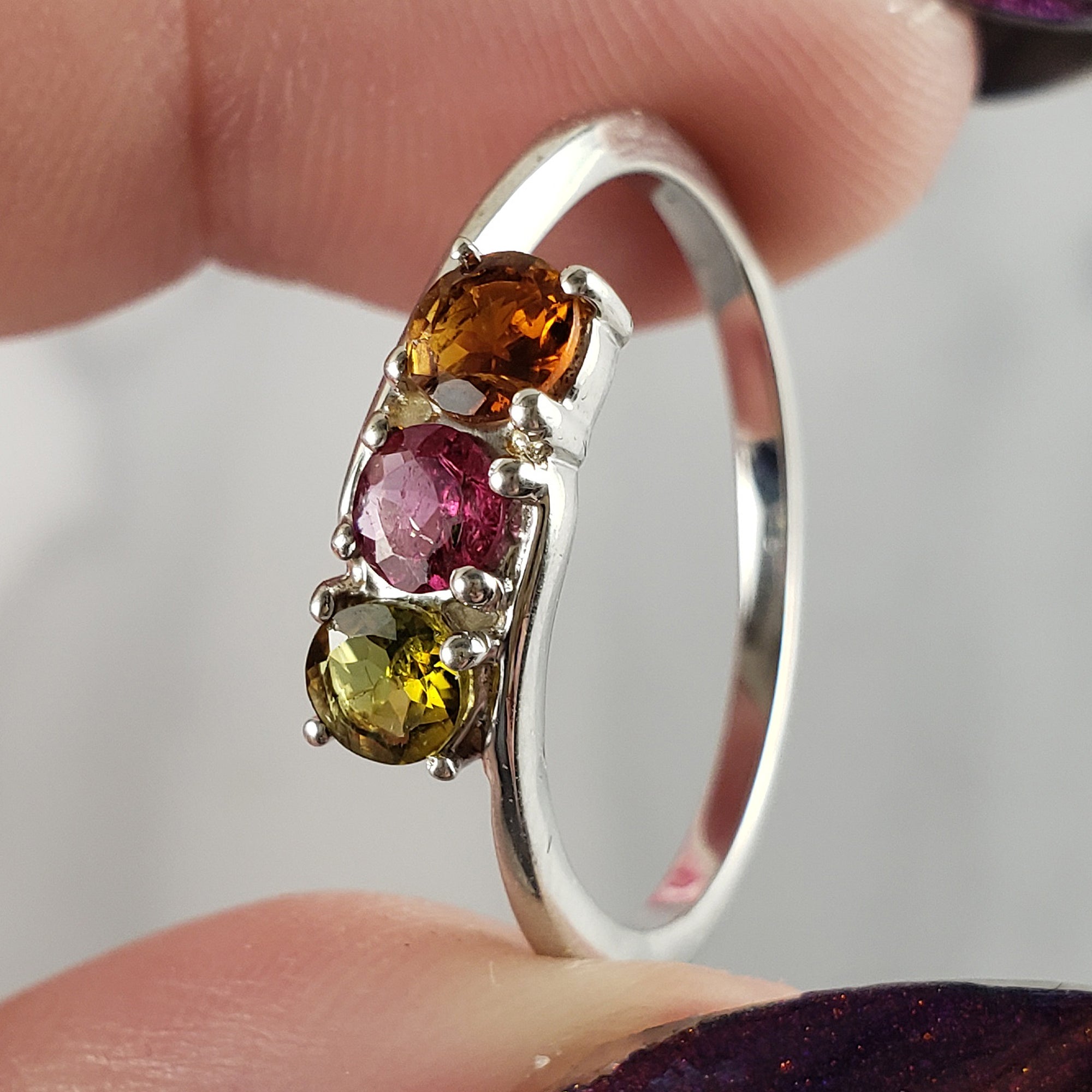 Green Tourmaline, Pink Tourmaline, & Orange-Yellow Tourmaline Crystal Natural Gemstone 925 Sterling Silver Ring | Size 10 - 1