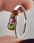 Green Tourmaline, Pink Tourmaline, & Orange-Yellow Tourmaline Crystal Natural Gemstone 925 Sterling Silver Ring | Size 10 - 1