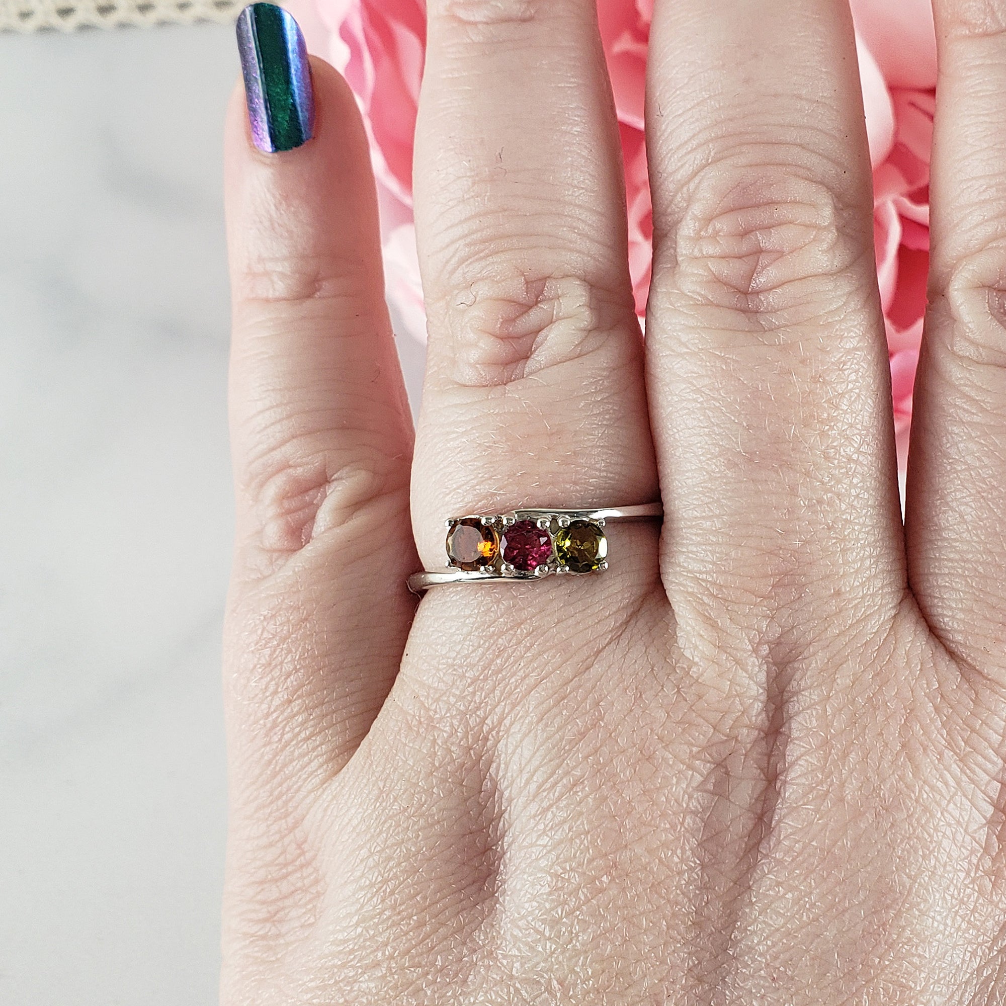 Green Tourmaline, Pink Tourmaline, &amp; Orange-Yellow Tourmaline Crystal Natural Gemstone 925 Sterling Silver Ring | Size 10 - 4