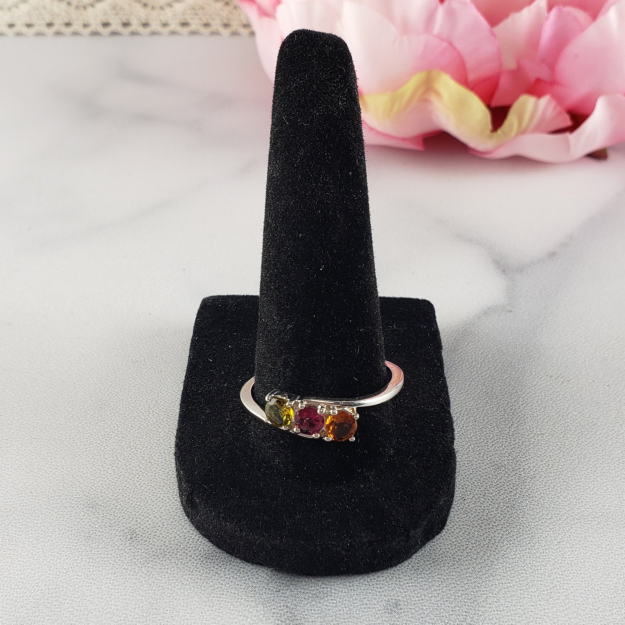 Green Tourmaline, Pink Tourmaline, & Orange-Yellow Tourmaline Crystal Natural Gemstone 925 Sterling Silver Ring | Size 10