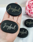 Black Basalt Rock Natural Crystal Etched Affirmation Stone | Joyful