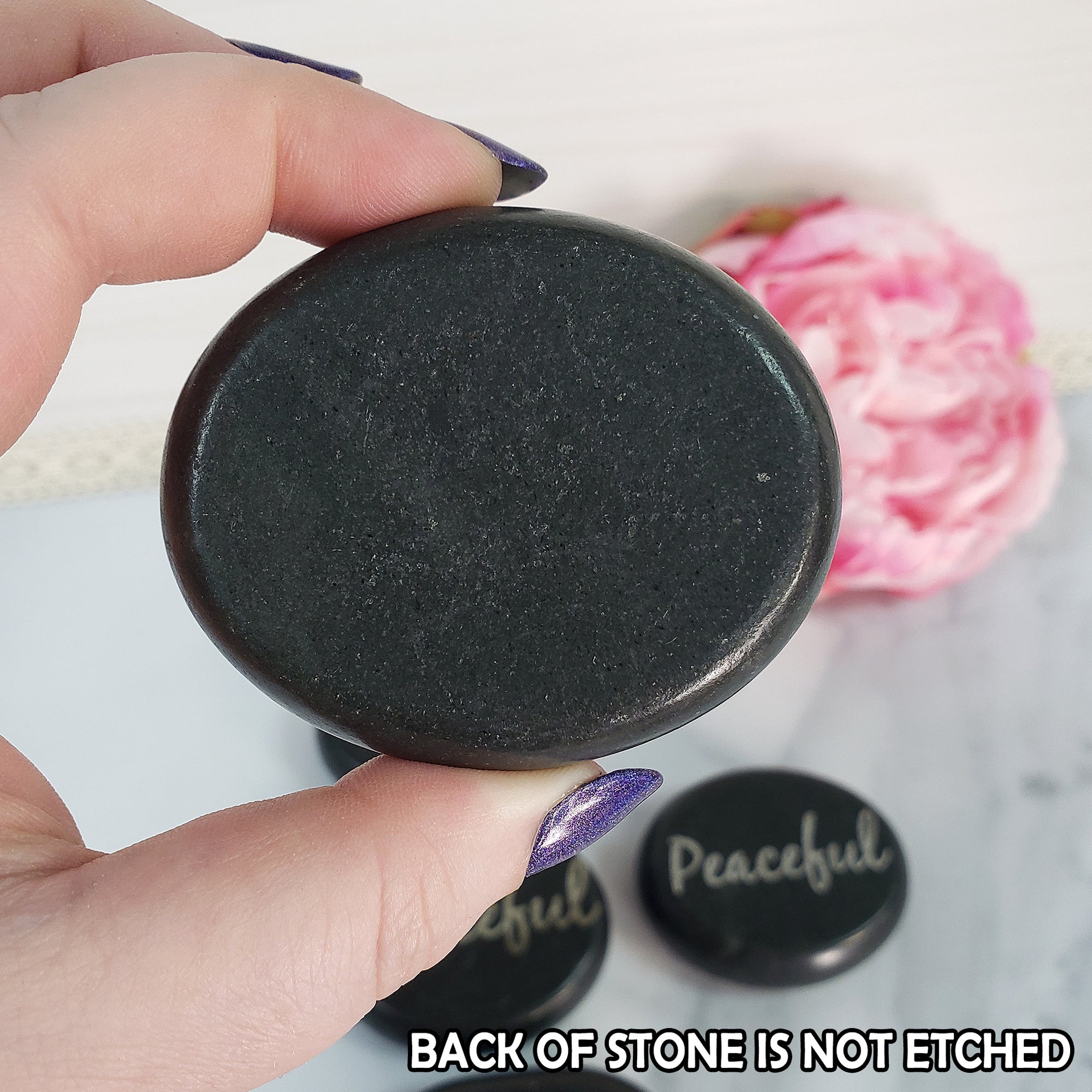 Black Basalt Rock Natural Crystal Etched Affirmation Stone | Peaceful - 