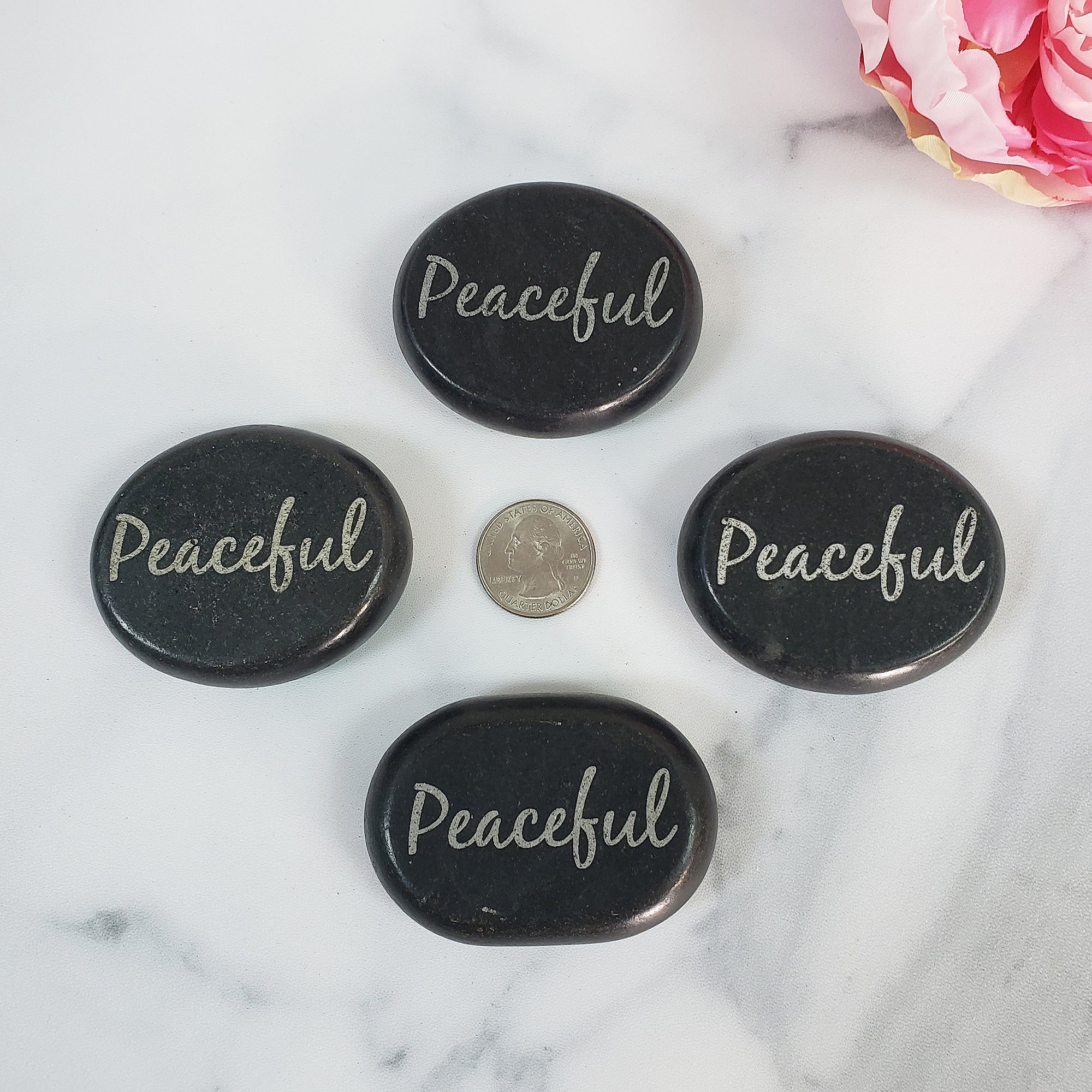 Black Basalt Rock Natural Crystal Etched Affirmation Stone | Peaceful - 6
