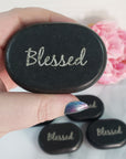Black Basalt Rock Natural Crystal Etched Affirmation Stone | Blessed - 1