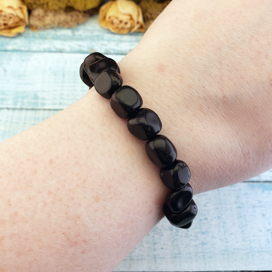 Black Obsidian Crystal Nugget Stretch Bracelet - On Wrist