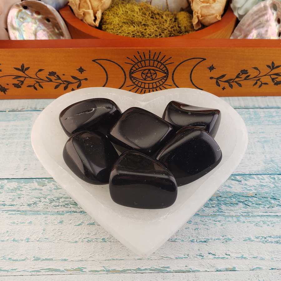Black Obsidian Natural Tumbled Stone - One Stone - In Selenite Heart Bowl