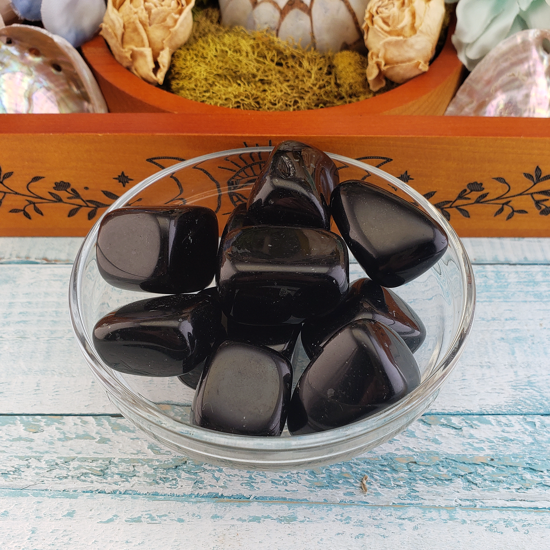 Black Obsidian Natural Tumbled Stone - One Stone - In Glass Bowl