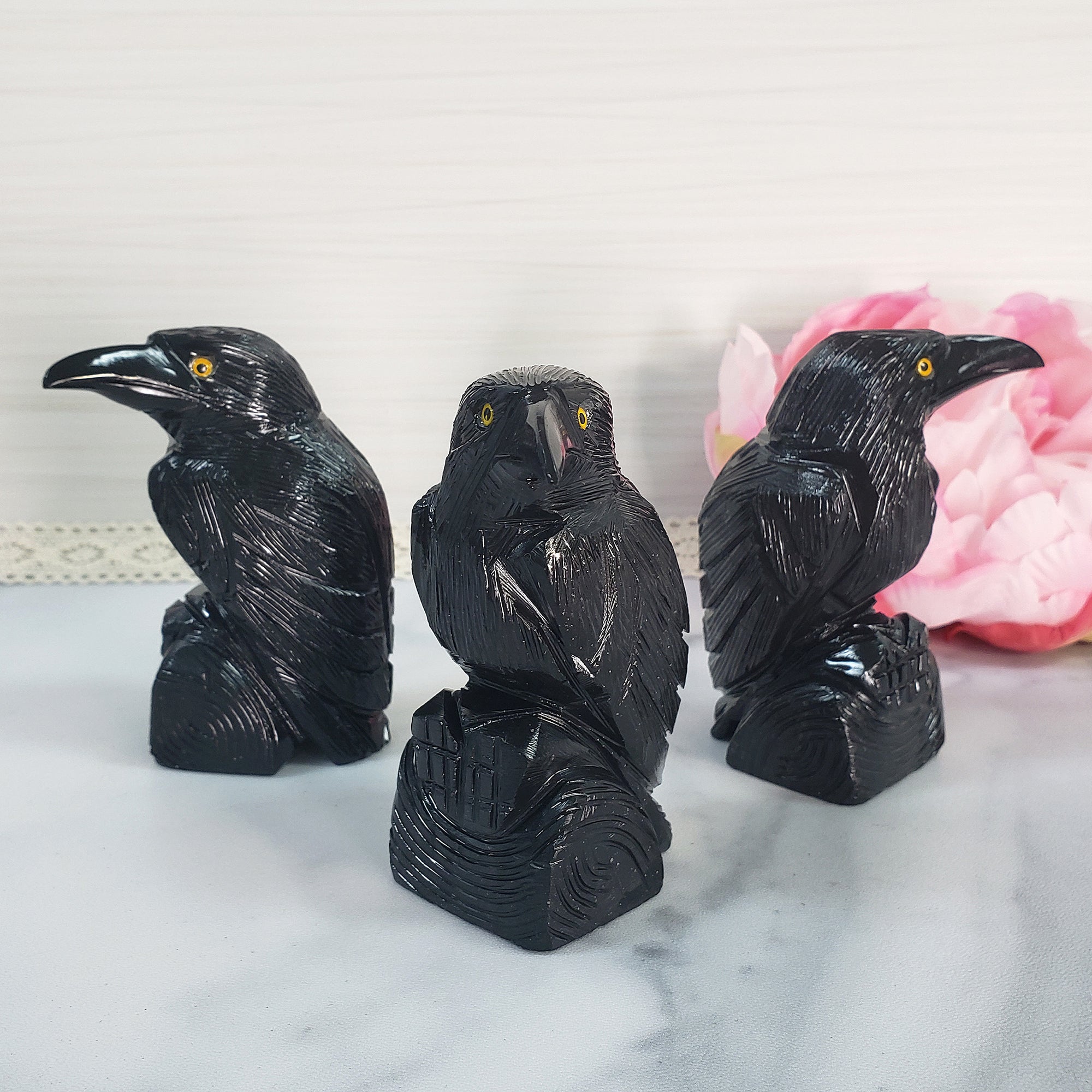 Black Onyx Crystal Raven Natural Gemstone Animal Totem Carving