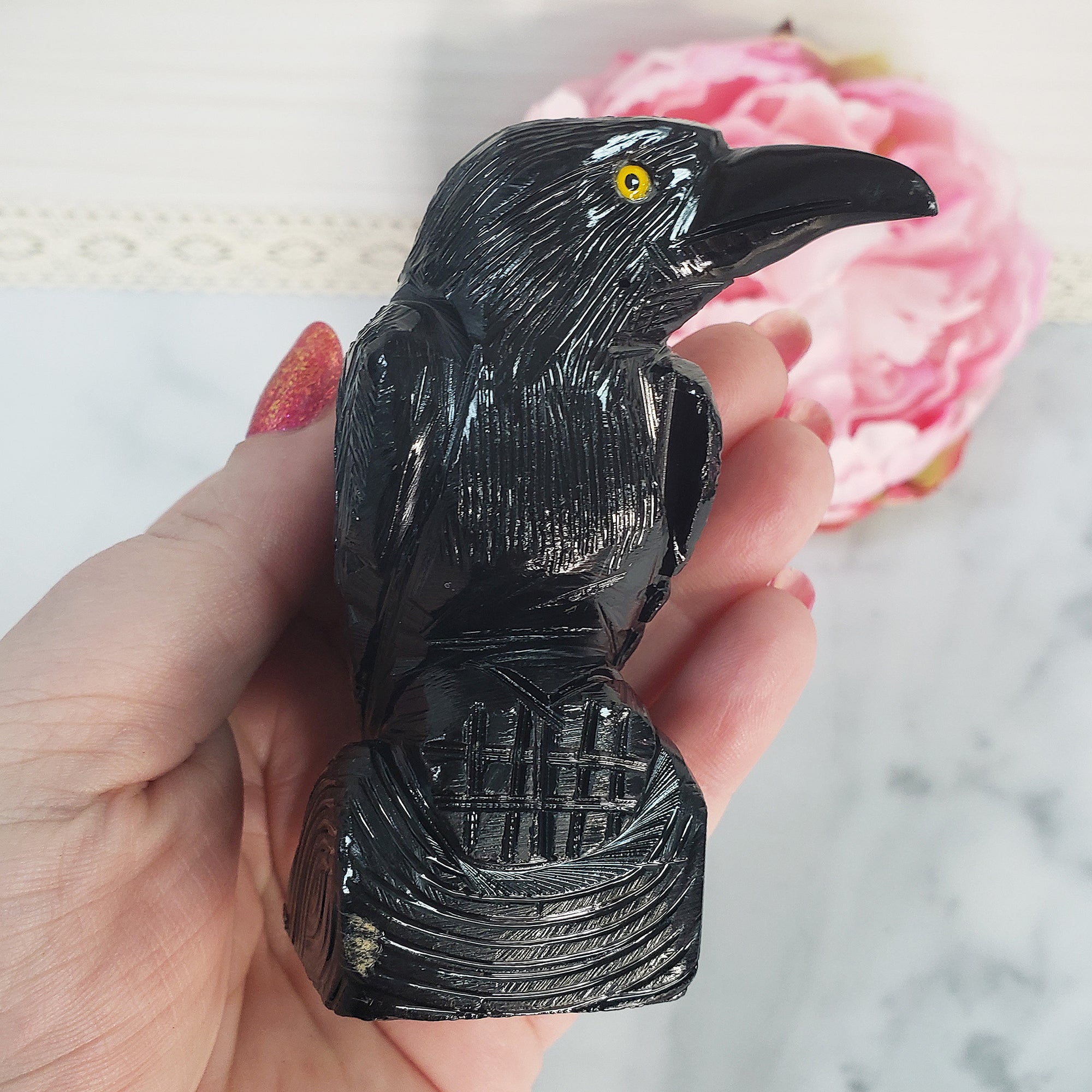 Black Onyx Crystal Raven Natural Gemstone Animal Totem Carving - 3