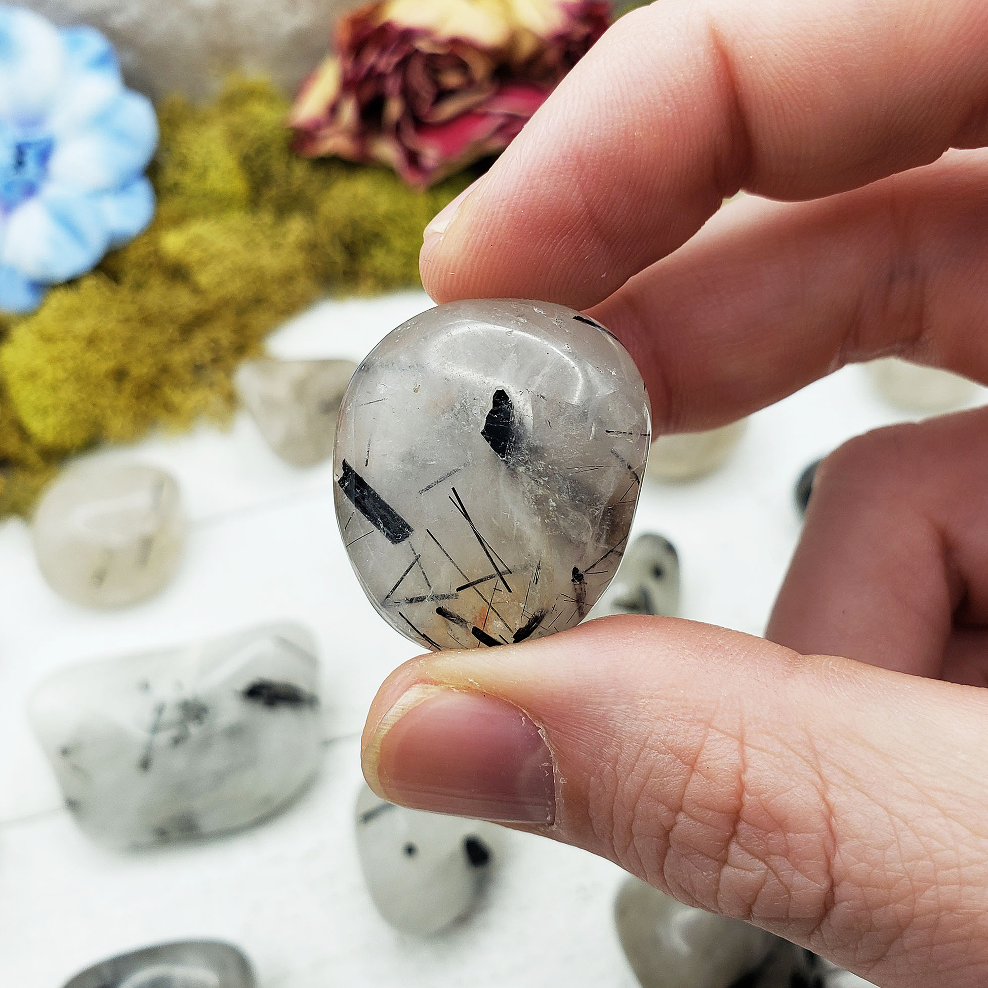 Black Tourmaline Rutilated Quartz Crystal | Tourmalinated Quartz Gemstone Natural Tumbled Stone | One Stone - 9