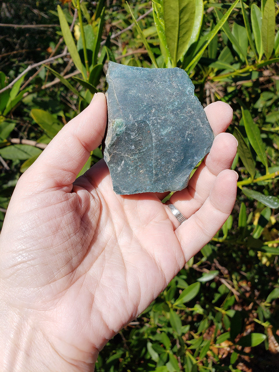 Hand holding rough bloodstone crystal 