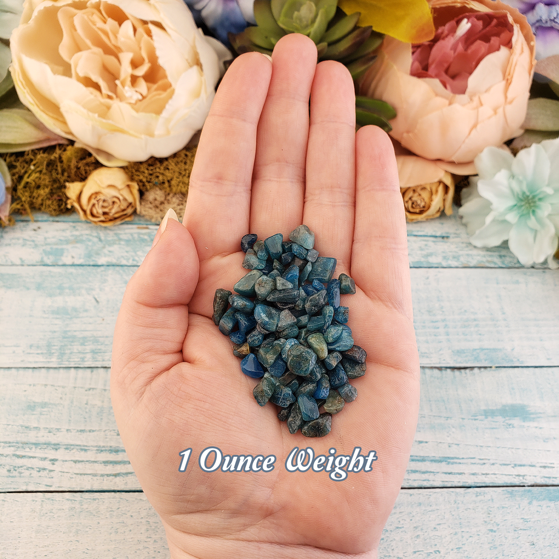 Blue Apatite Natural Crystal Chips - By the Ounce - In Hand One Ounce of Gemstone Chips