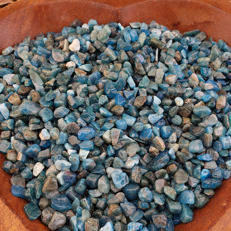 Blue Apatite Natural Crystal Chips - By the Ounce - In Wooden Bowl