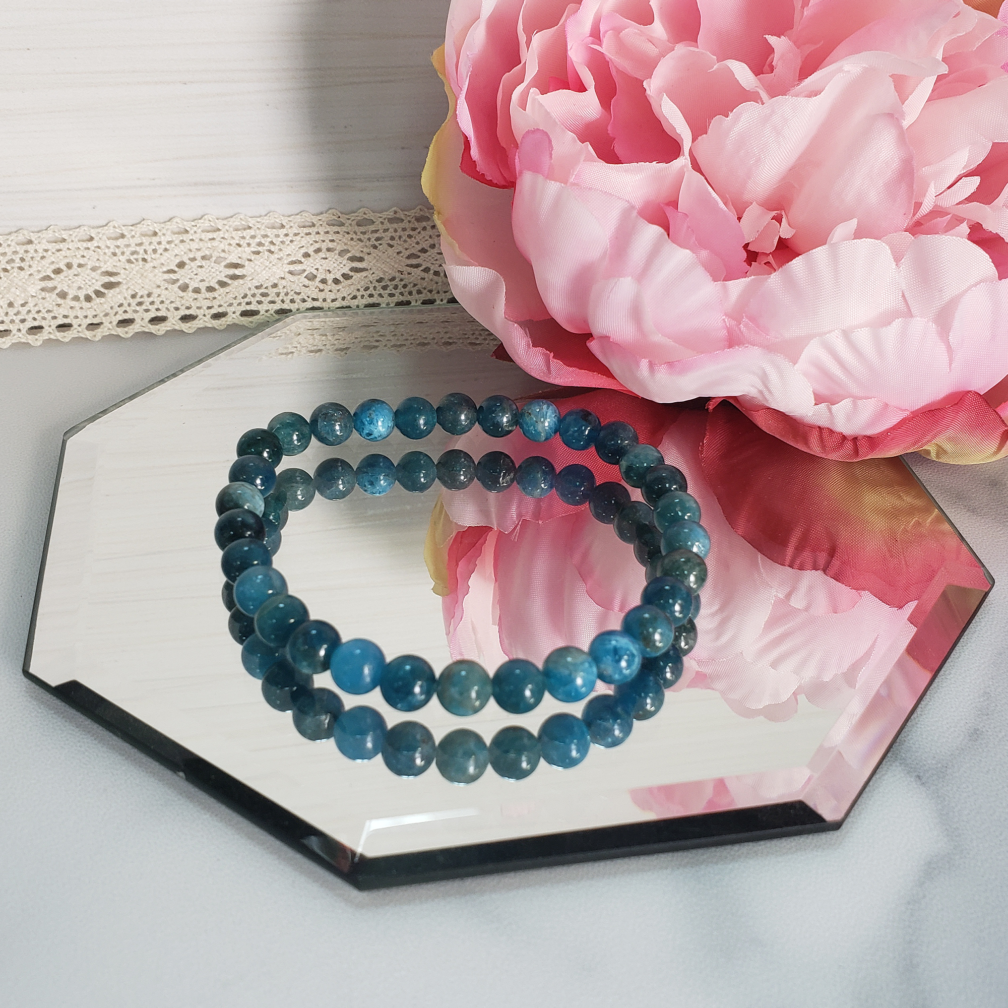 Blue Apatite Crystal Natural Gemstone 6mm Bead Bracelet - Blue Apatite Bracelet on Mirror