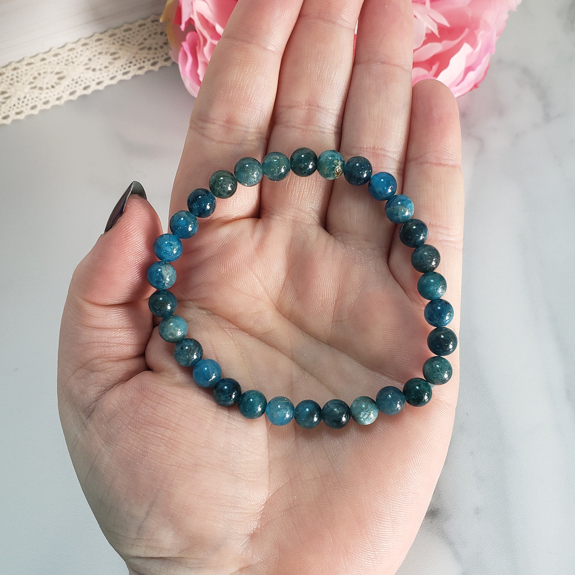 Blue Apatite Crystal Natural Gemstone 6mm Bead Bracelet - Natural Gemstone Beaded Bracelet