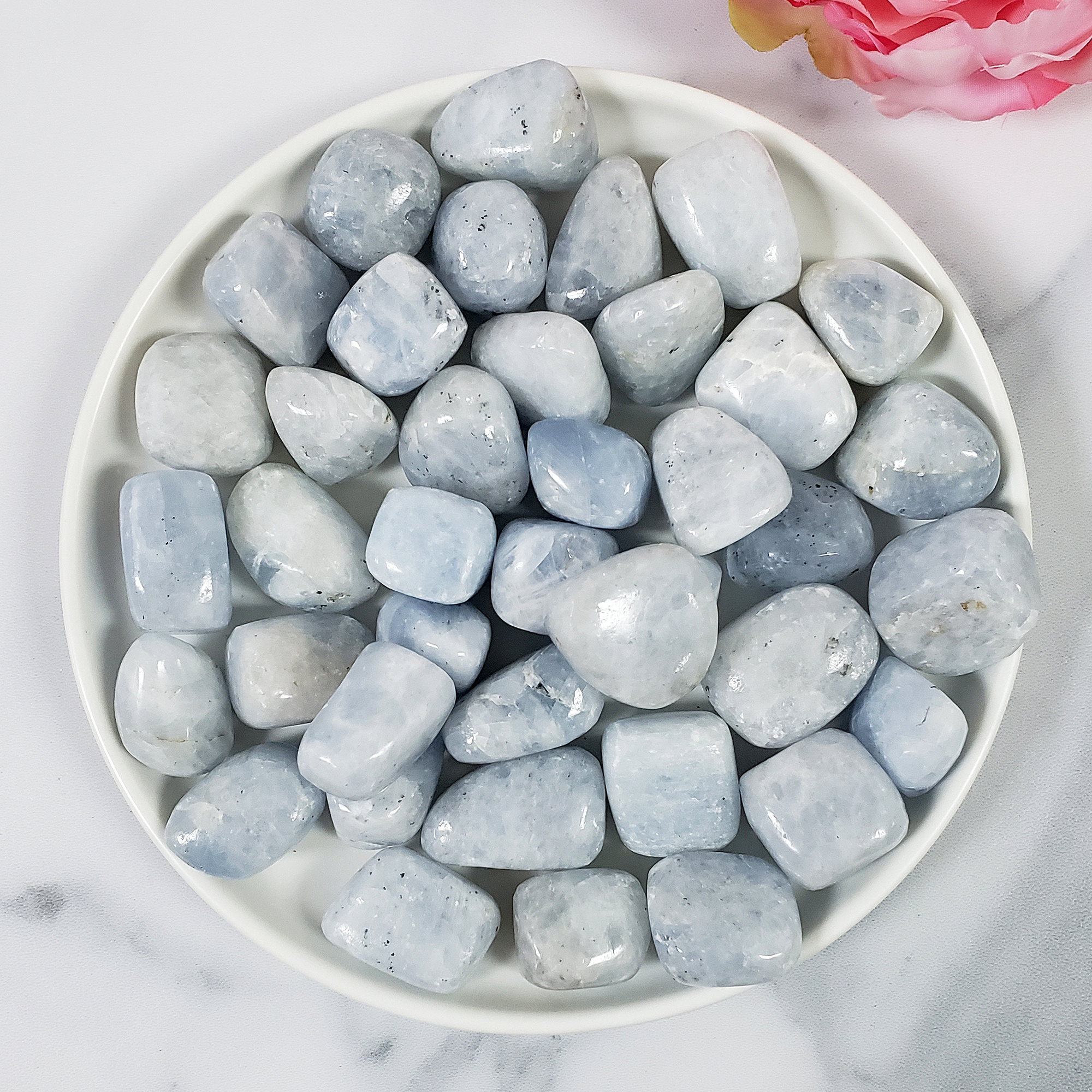 Blue Calcite Crystal Natural Gemstone Tumbled Stone - White Bowl