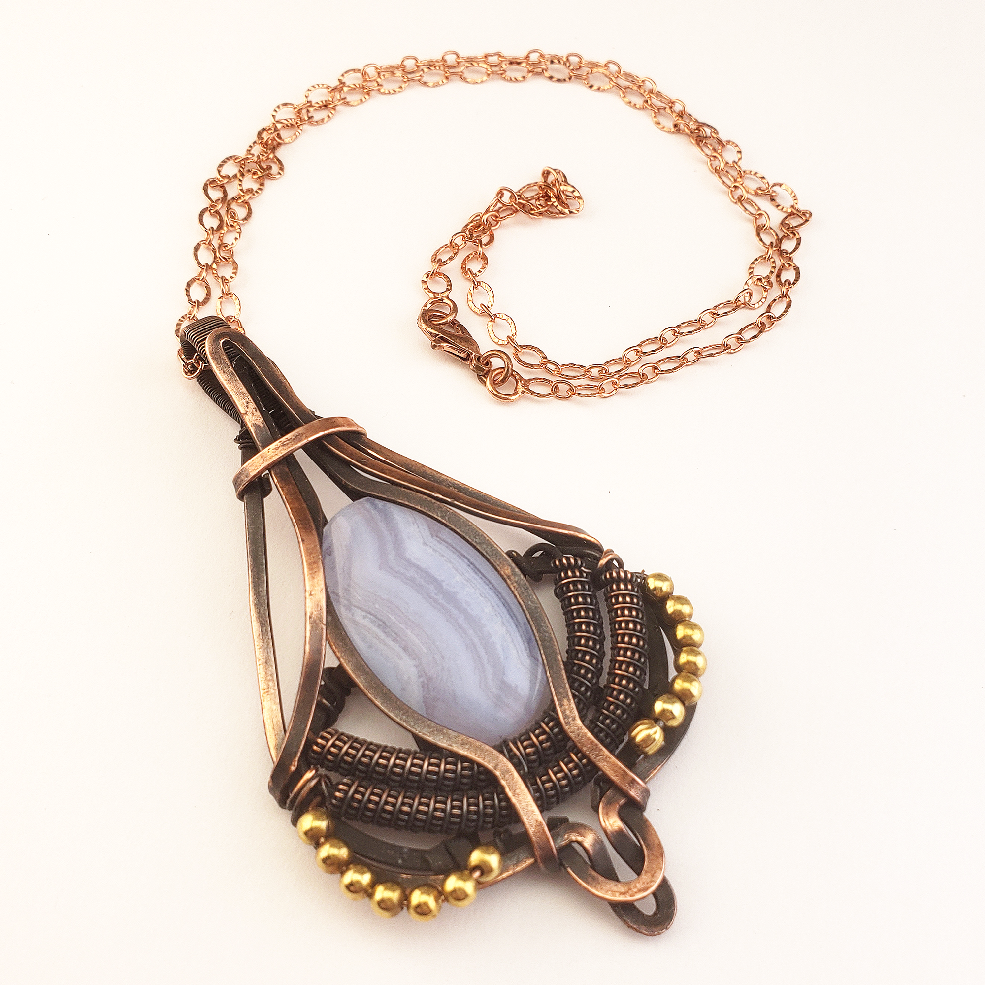 Blue Lace Agate Wire Wrapped Copper Pendant Natural Crystal Necklace with Chain - Bizet