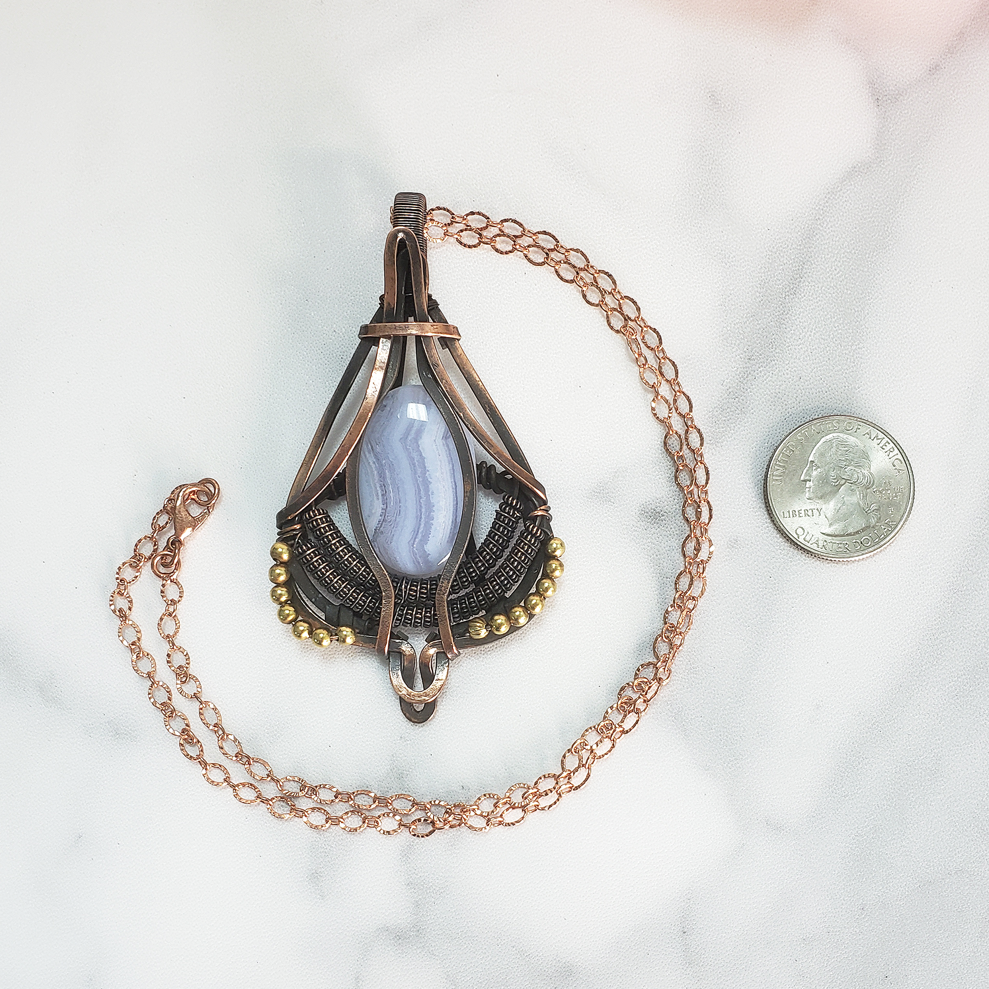 Blue Lace Agate Wire Wrapped Copper Pendant Natural Crystal Necklace with Chain - Bizet - Size Comparison