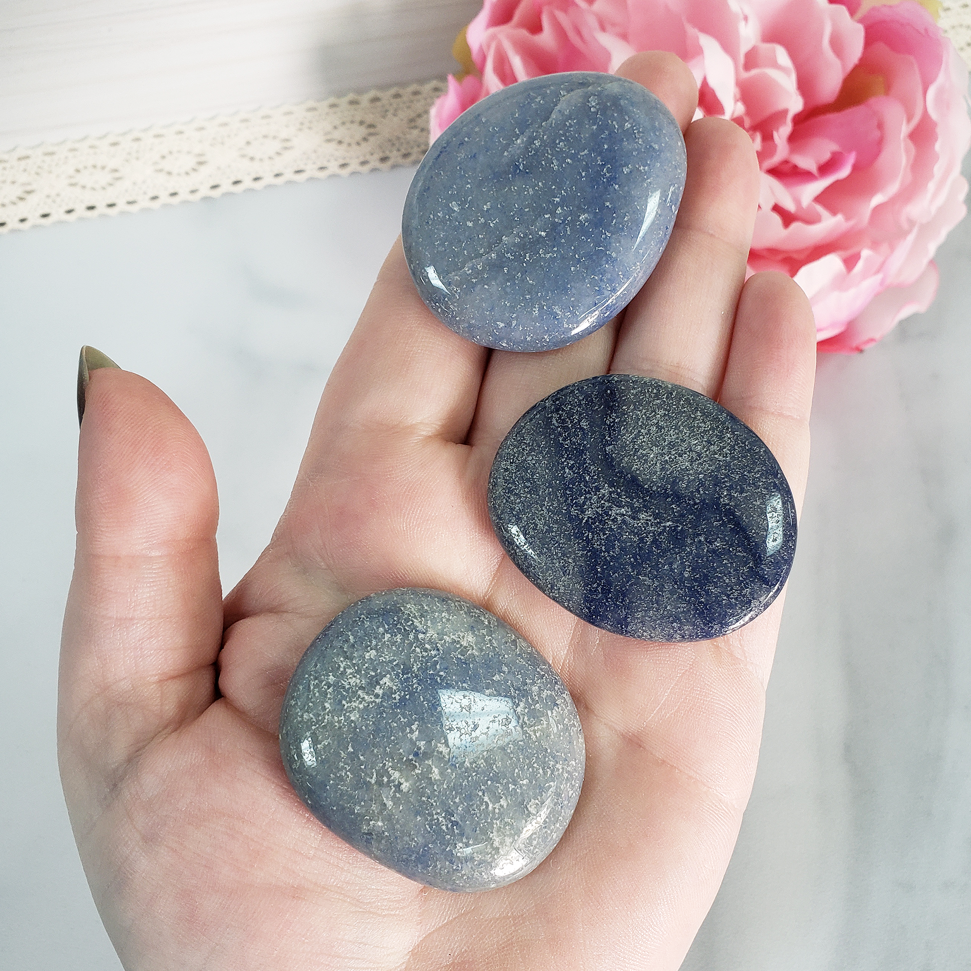 Blue Quartz Blue Aventurine Natural Gemstone Palm Stone Worry Stone Meditation Tool - 2