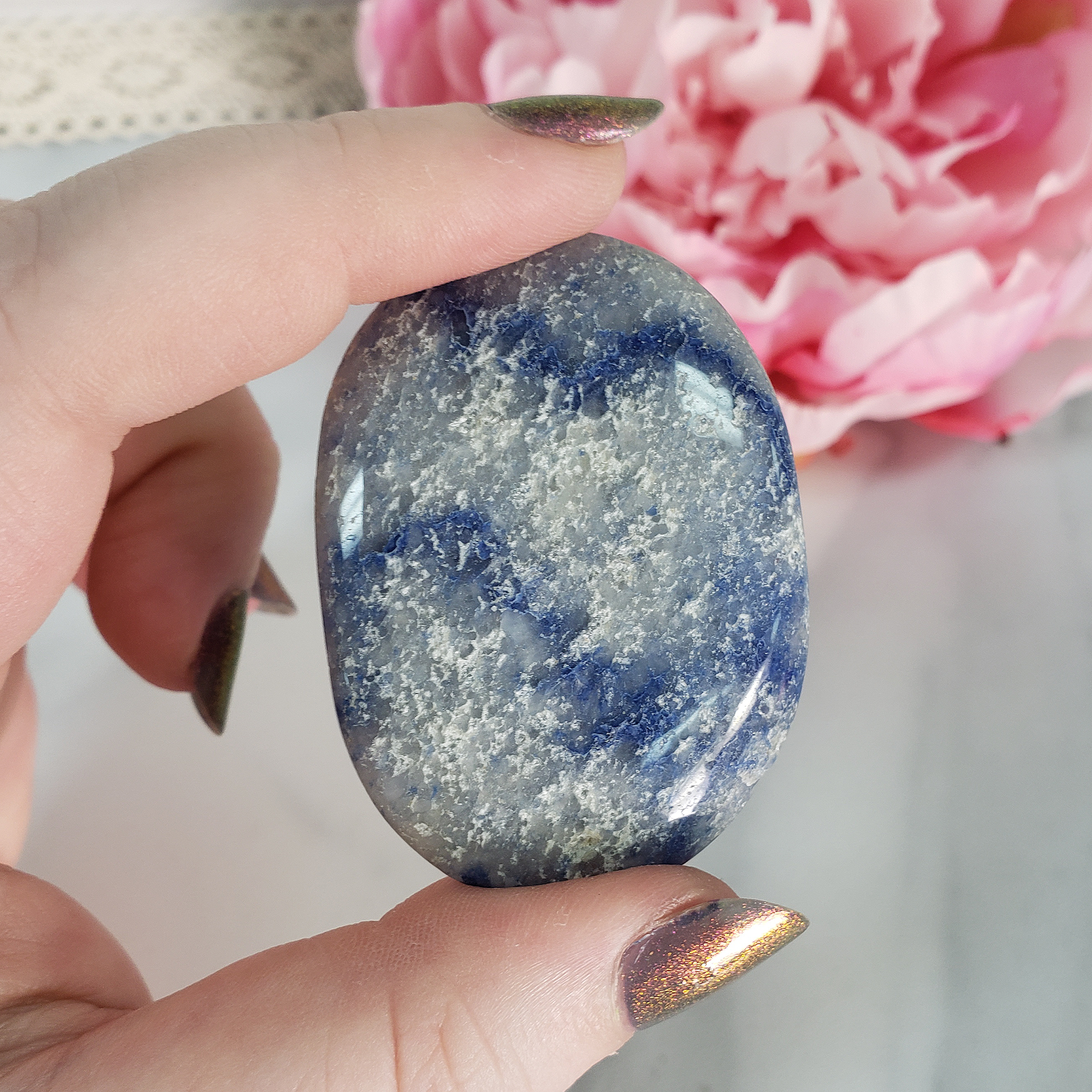 Blue Quartz Blue Aventurine Natural Gemstone Palm Stone Worry Stone Meditation Tool - 1