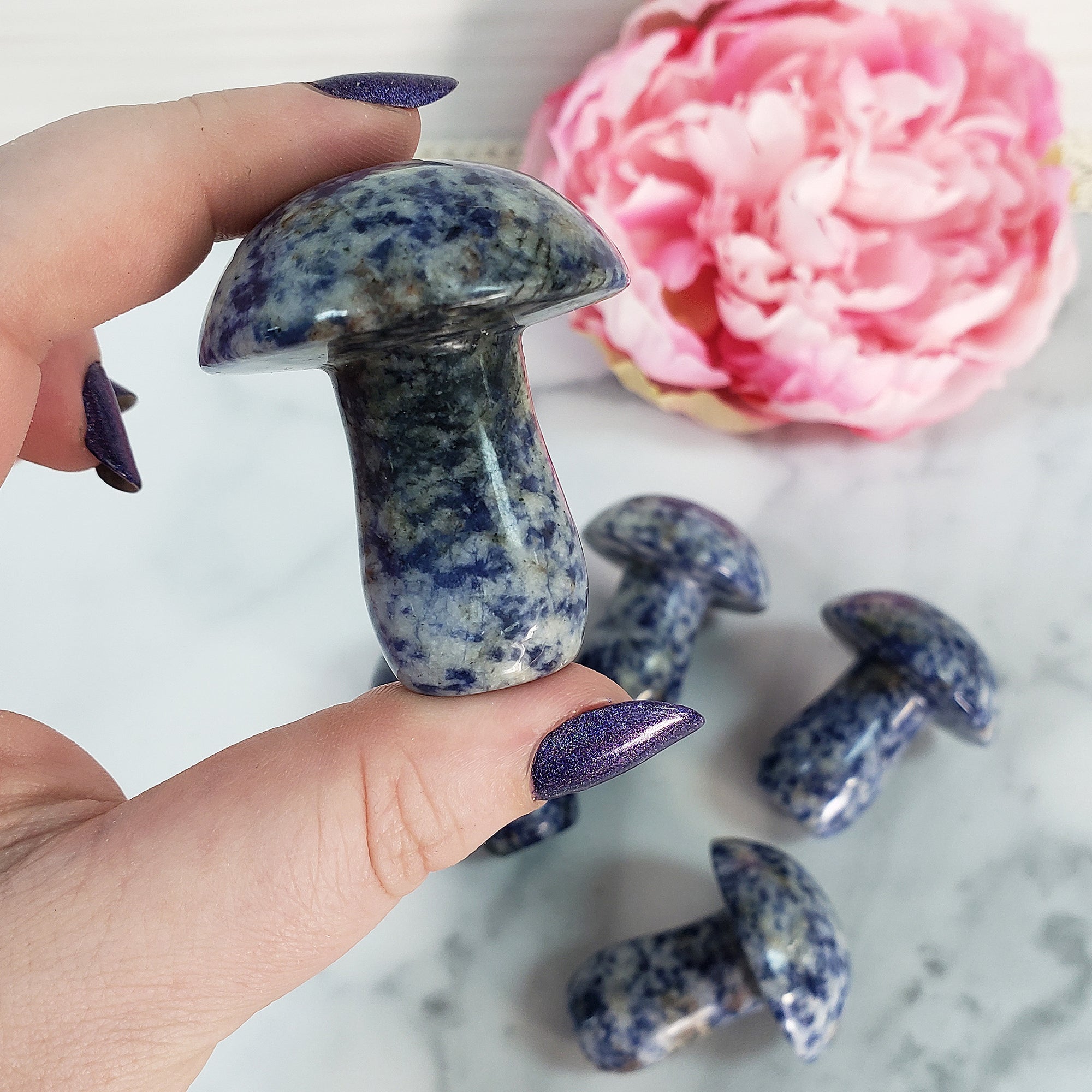 Blue Sodalite Stone in Quartz Crystal Mushroom Natural Gemstone Toadstool Carving - 6 