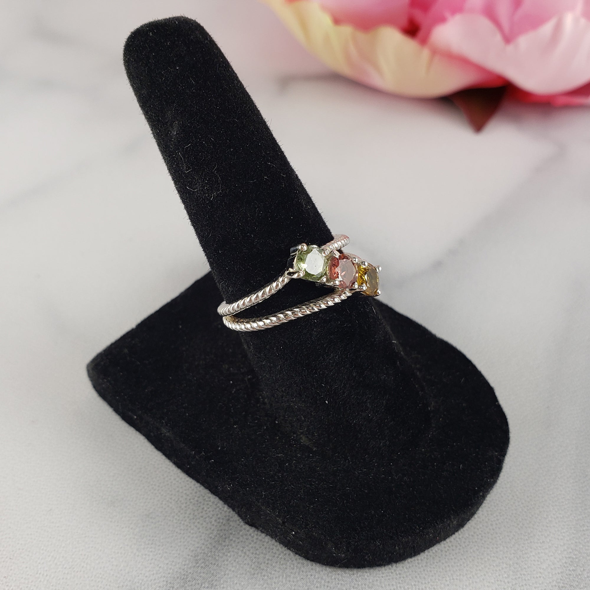 Green Tourmaline, Pink Tourmaline, &amp; Yellow Tourmaline Crystal Natural Gemstone 925 Sterling Silver Ring | Size 5.5 - D