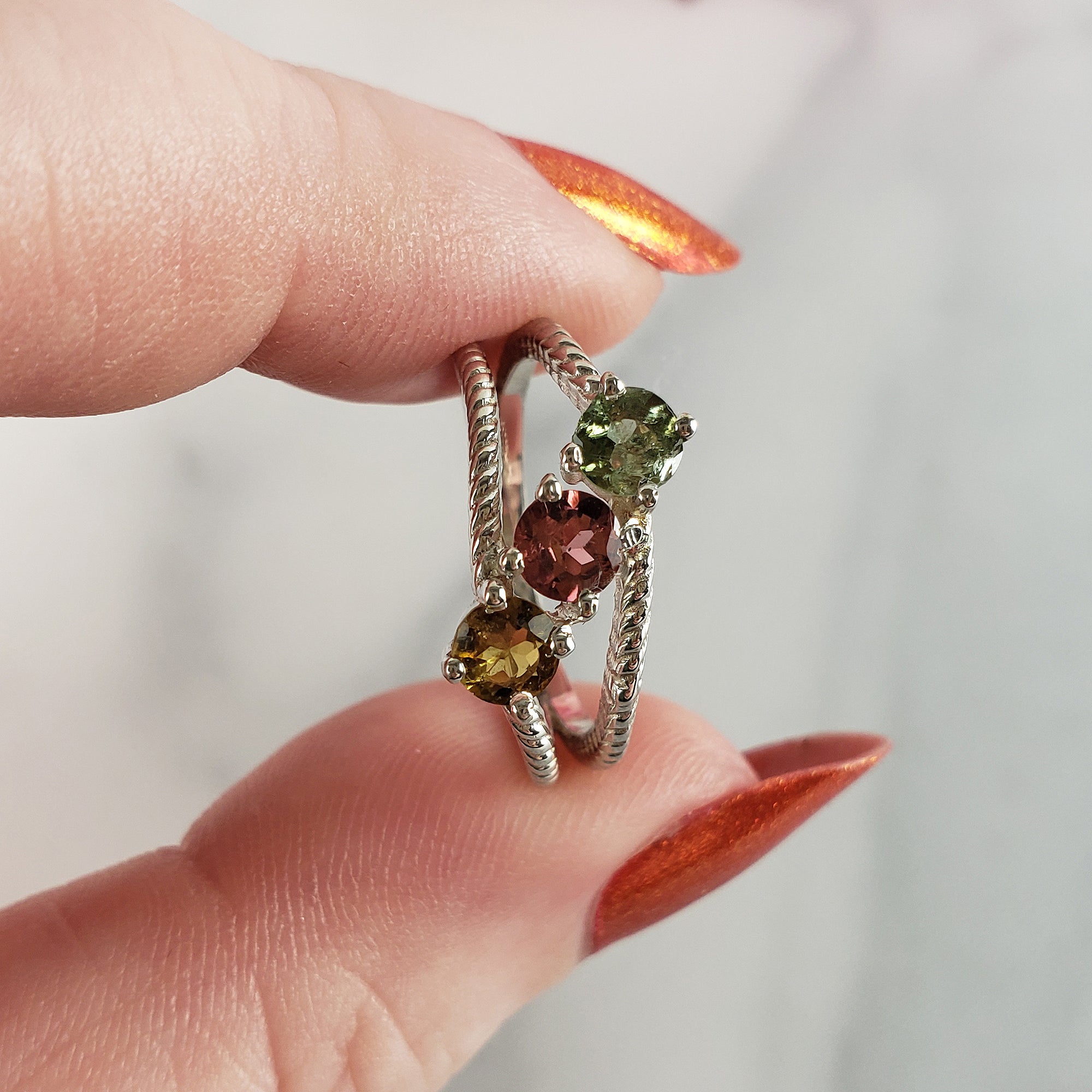 Green Tourmaline, Pink Tourmaline, &amp; Yellow Tourmaline Crystal Natural Gemstone 925 Sterling Silver Ring | Size 5.5 - E